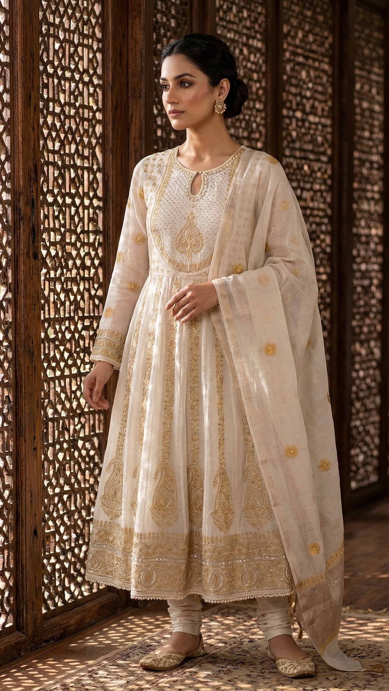 Dyeable Pure pearl neckline Tissue Anarkali Chikankari Kurta & Dupatta