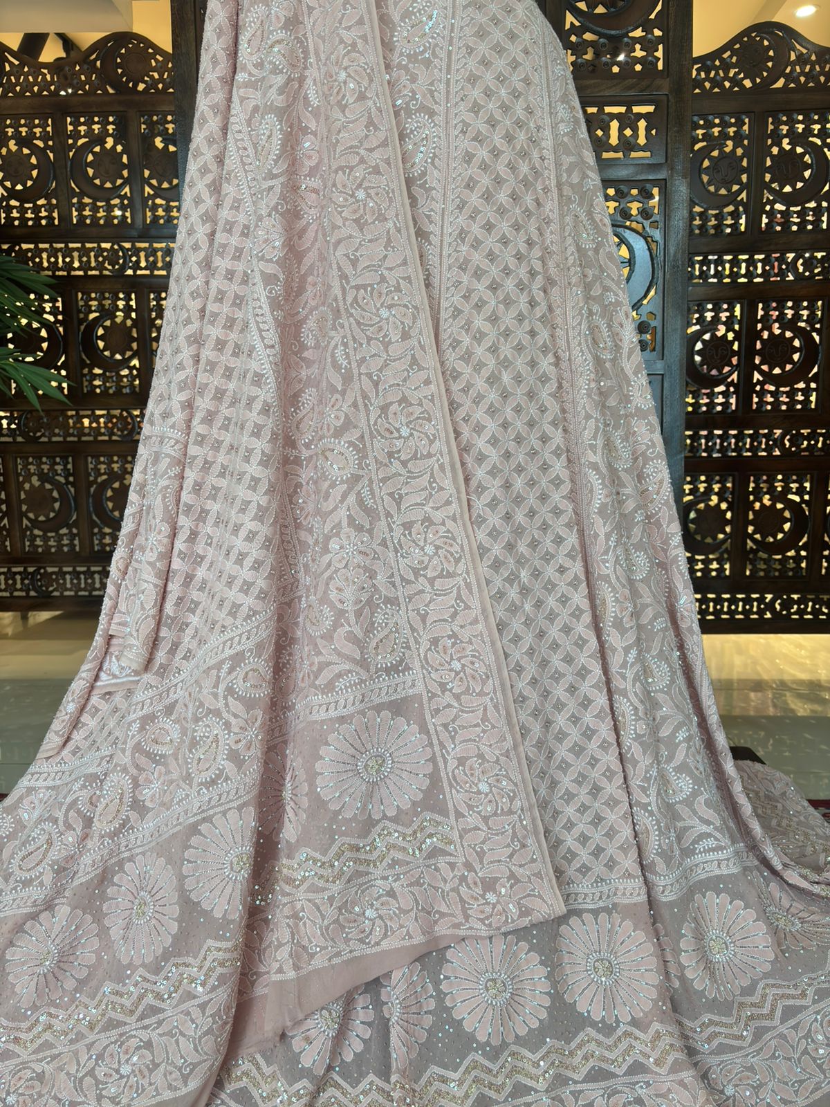 Dusty Rose Pure & Premium Georgette Lehenga Set - Pleats PleaseChikankari