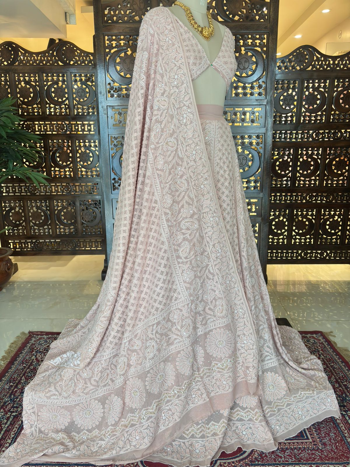 Dusty Rose Pure & Premium Georgette Lehenga Set - Pleats PleaseChikankari