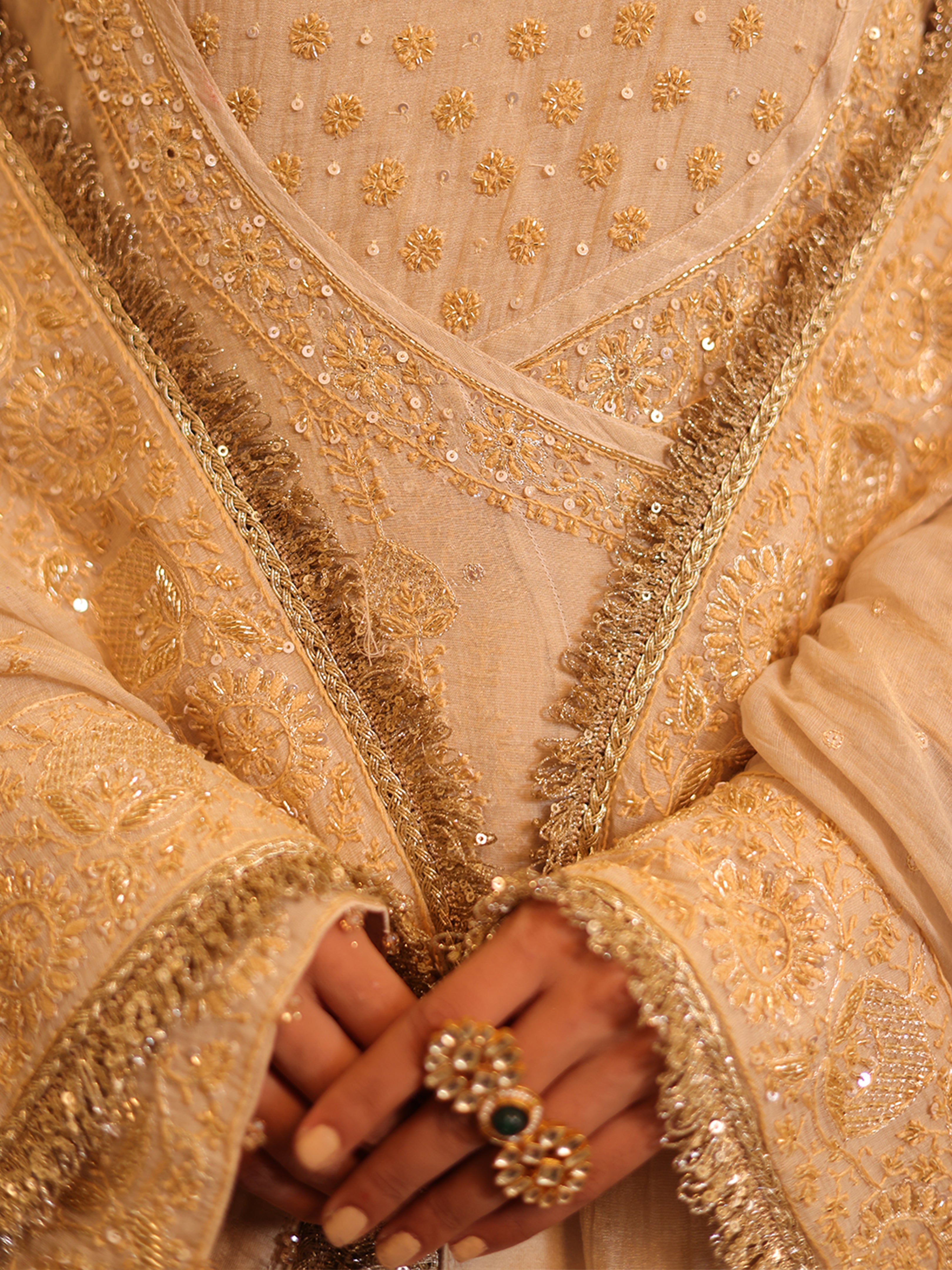 Handcrafted Dyeable Pure & Premium Gold Tissue Chikankari Angrakha Anarkali Set