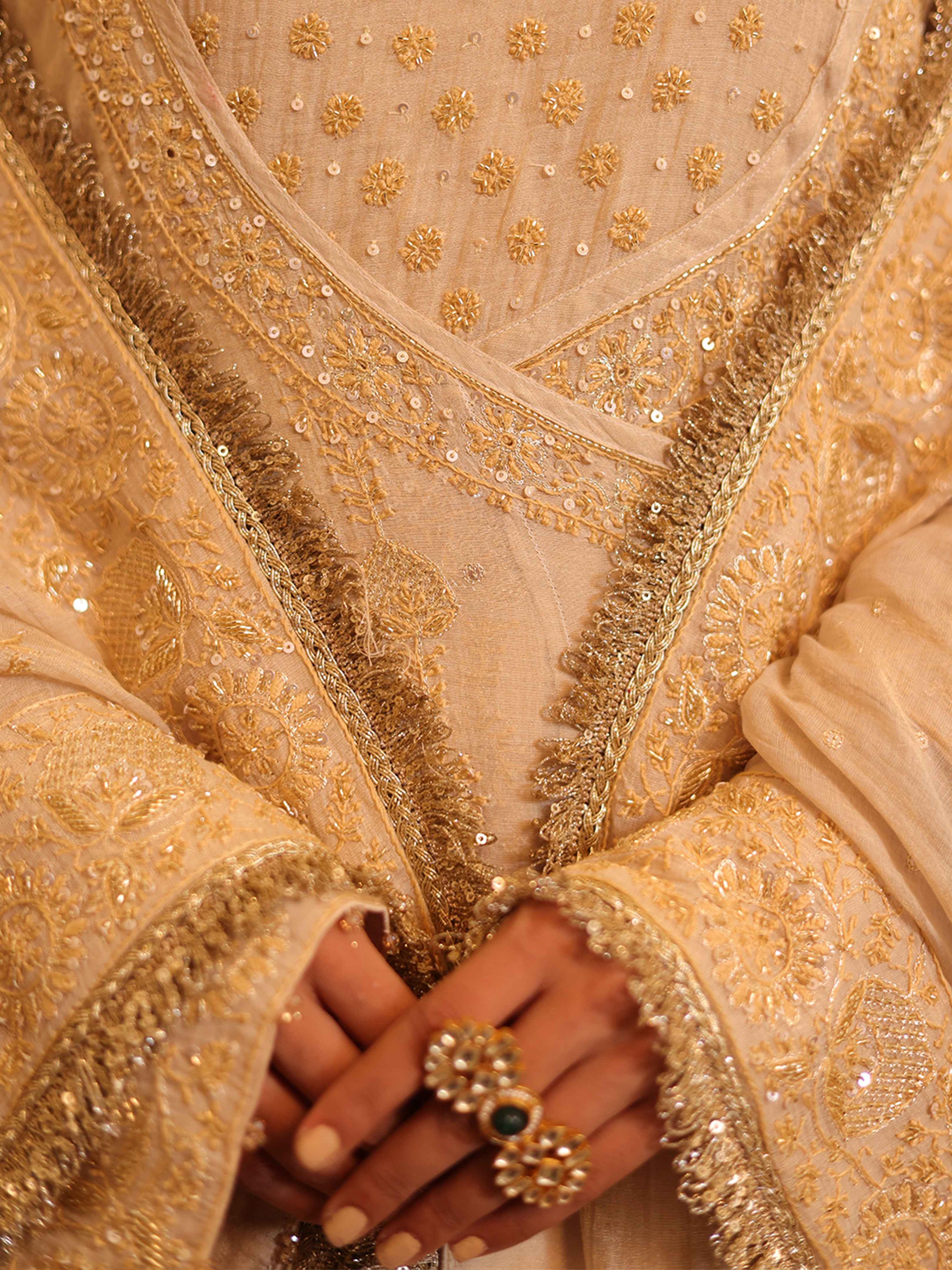 Handcrafted Dyeable Pure & Premium Gold Tissue Chikankari Angrakha Anarkali Set