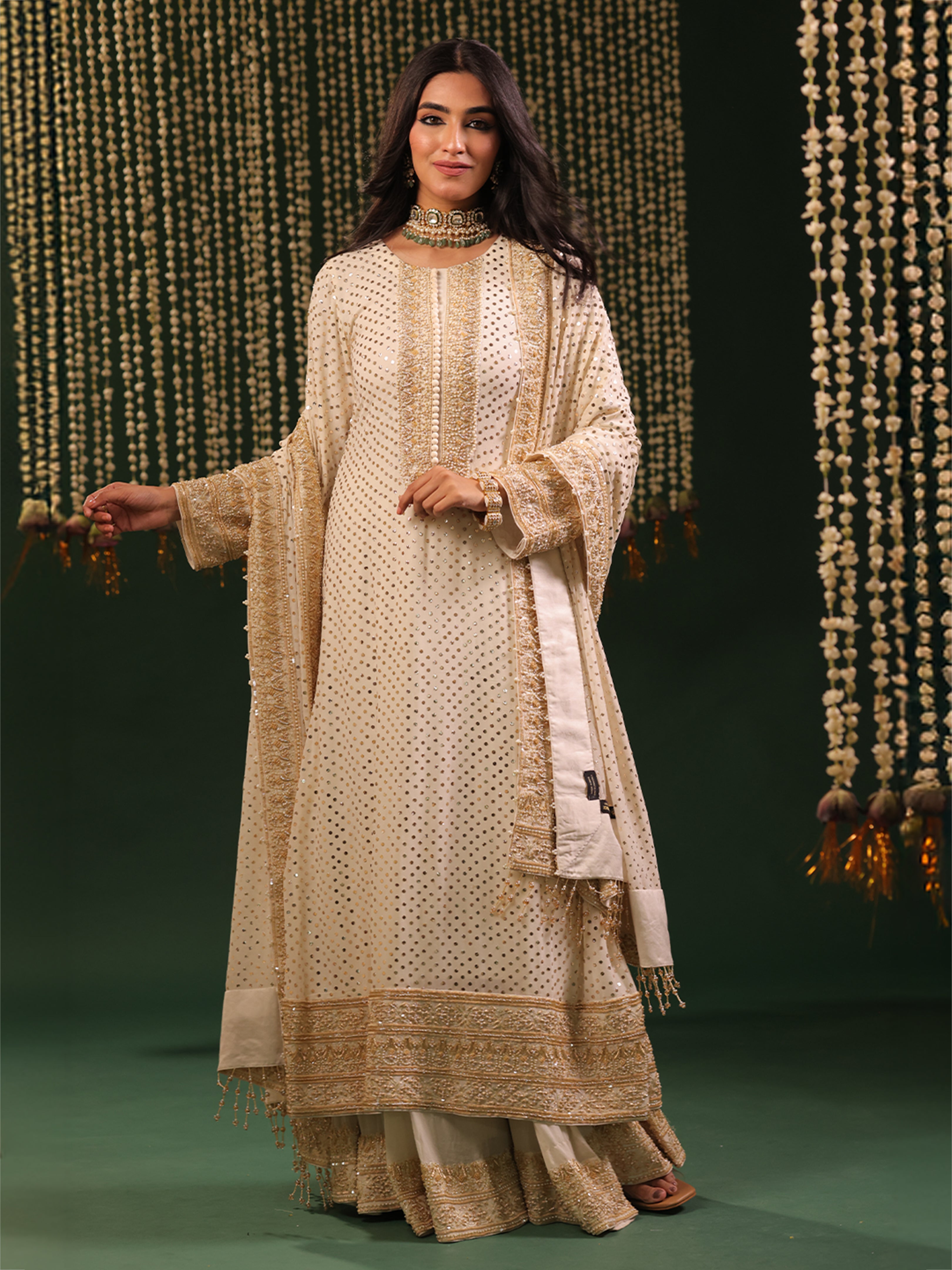 Ivory Pure and Premium Georgette A line Kurta, Dupatta &Sharara