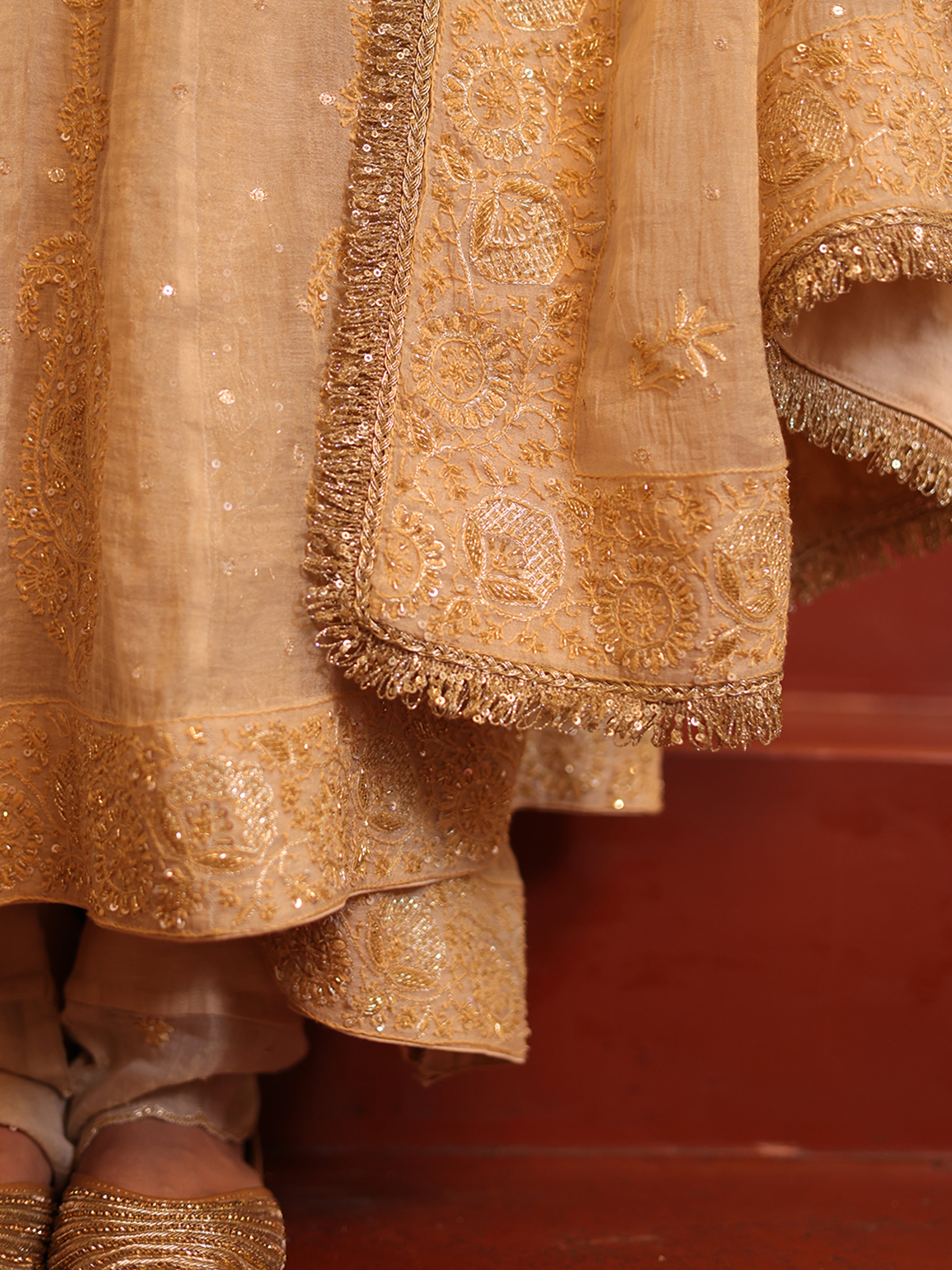 Handcrafted Dyeable Pure & Premium Gold Tissue Chikankari Angrakha Anarkali Set