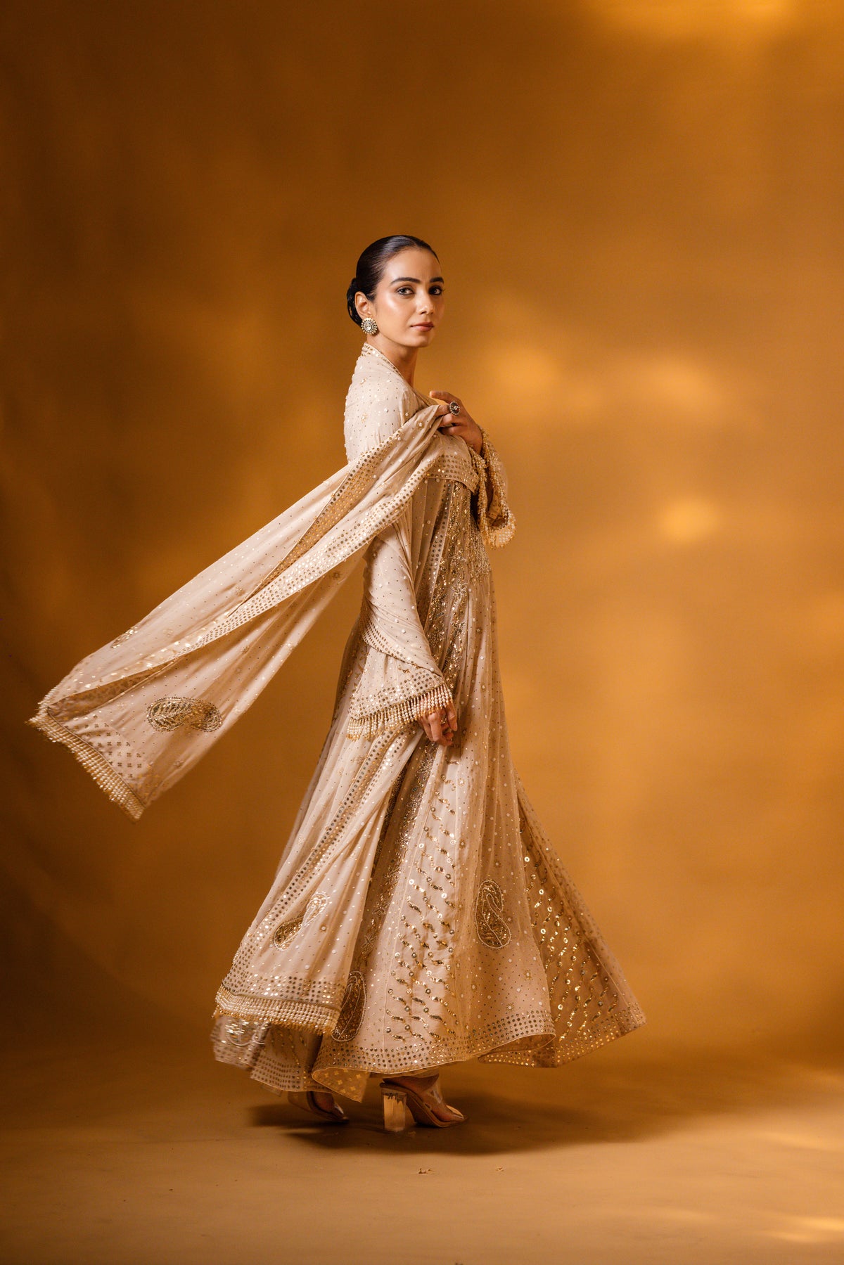 Champagne Beige Mukaish & Zardozi Anarkali Set