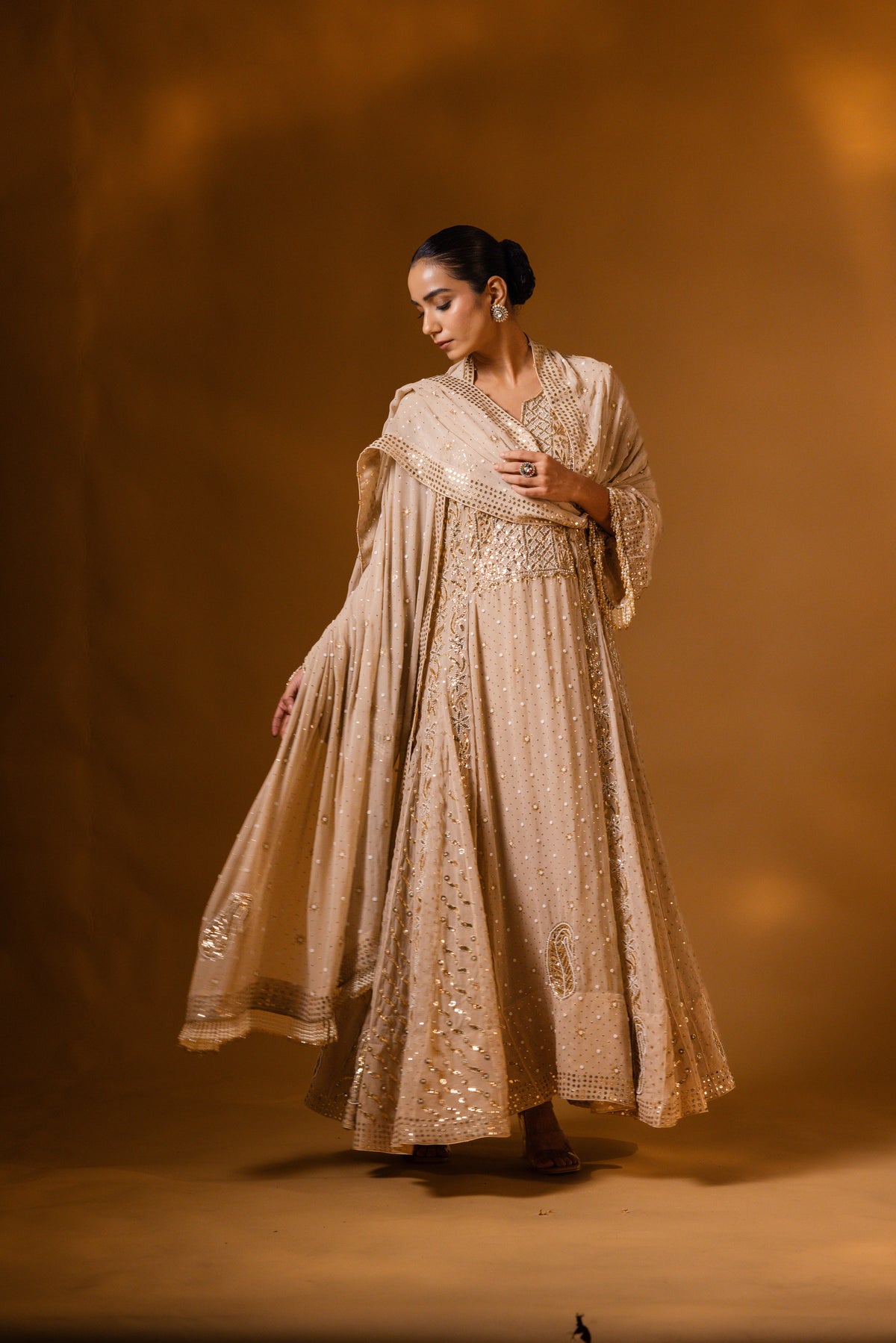 Champagne Beige Mukaish & Zardozi Anarkali Set