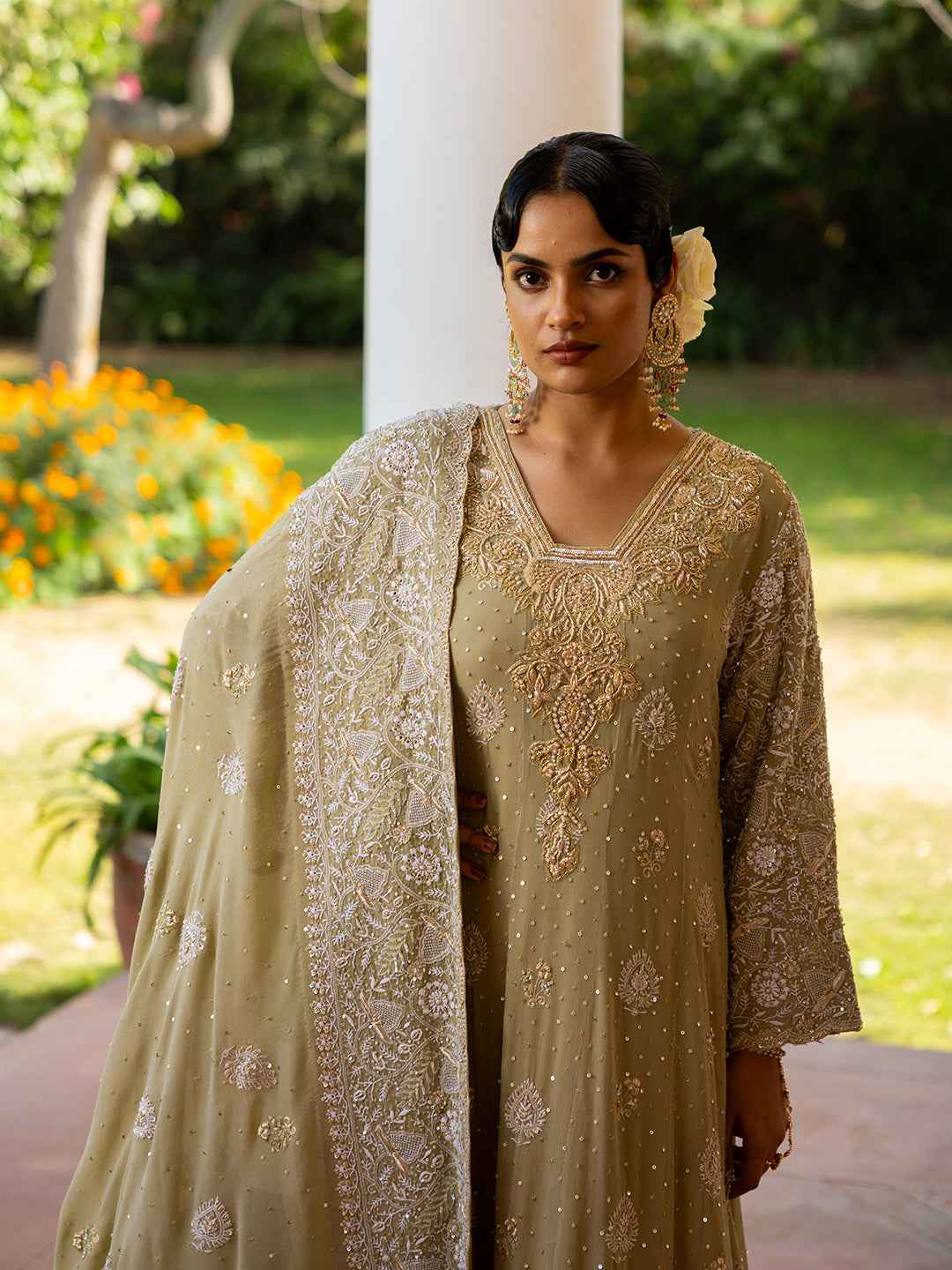 Muted Ochre Pure & Premium Georgette Chikankari Anarkali & Dupatta