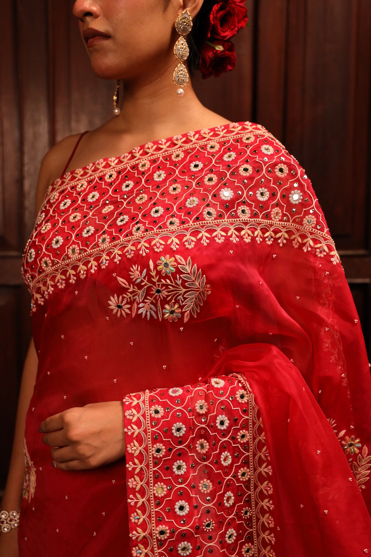 Red Organza Mirror Chikankari Saree