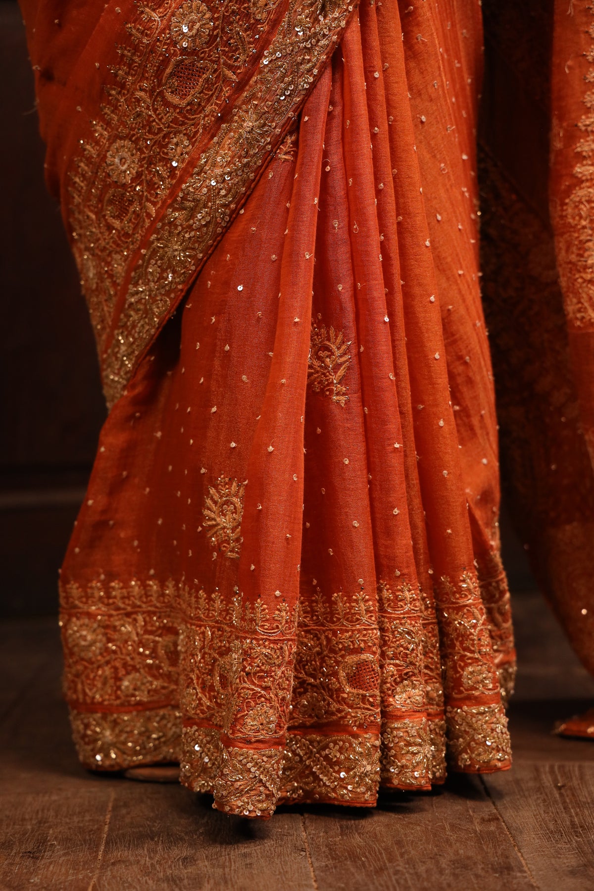 Burnt Orange Pure & Premium Tissue Chikankari Saree