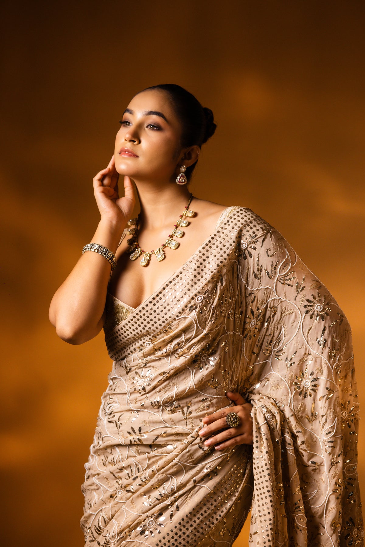 Champagne Beige Mukaish Saree