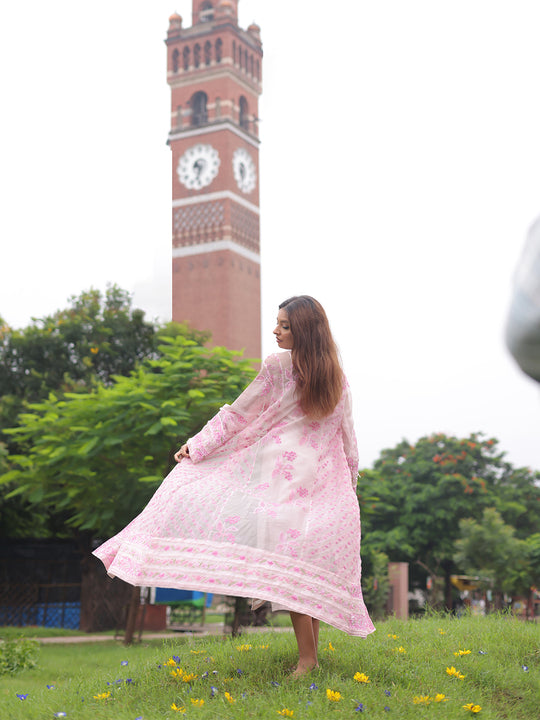 Pink Pure Organza Silk Chikankari Overlay Ensemble