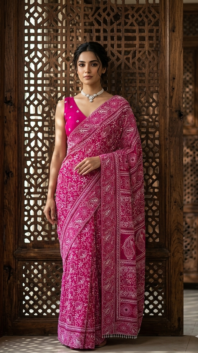 Magenta Pure & Premium Georgette Chikankari Saree