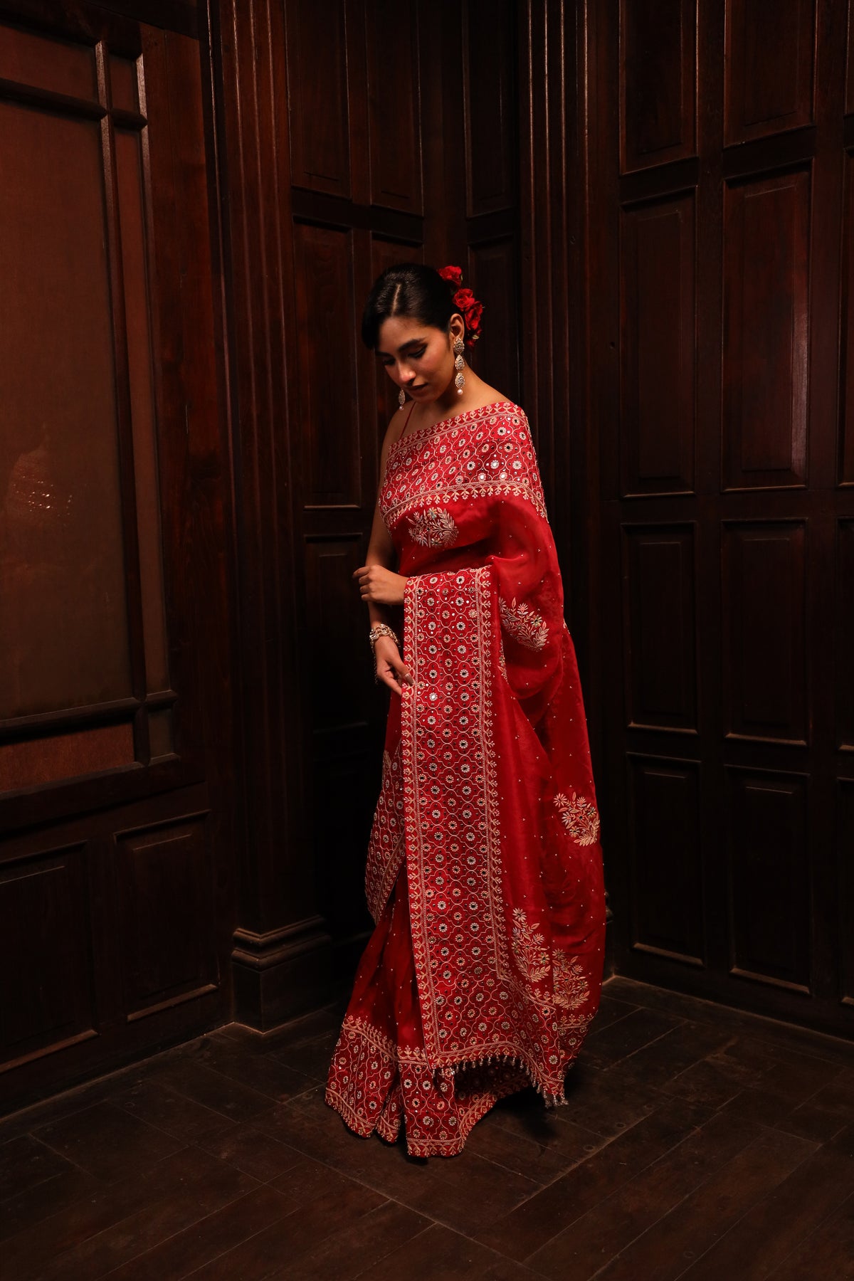 Red Organza Mirror Chikankari Saree