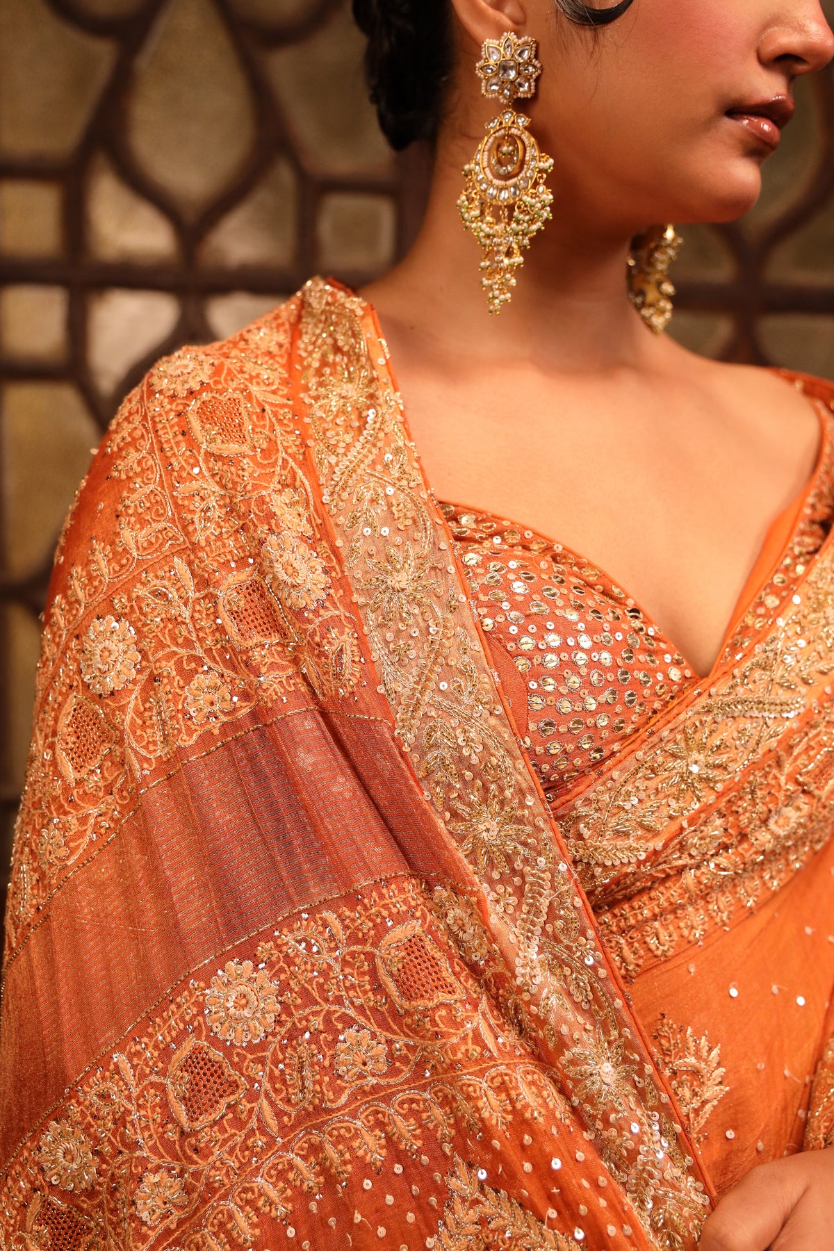 Burnt Orange Pure & Premium Tissue Chikankari Saree