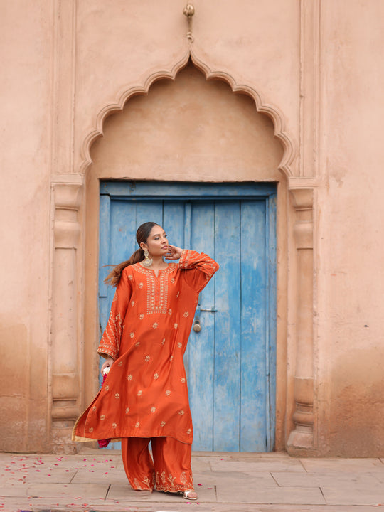 Burnt Orange Chanderi Silk Chikankari Kurta Bottom with Organza Dupatta