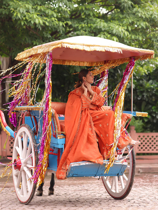 Burnt Orange Chanderi Silk Chikankari Kurta Bottom with Organza Dupatta