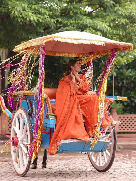 Burnt Orange Chanderi Silk Chikankari Kurta Bottom with Organza Dupatta