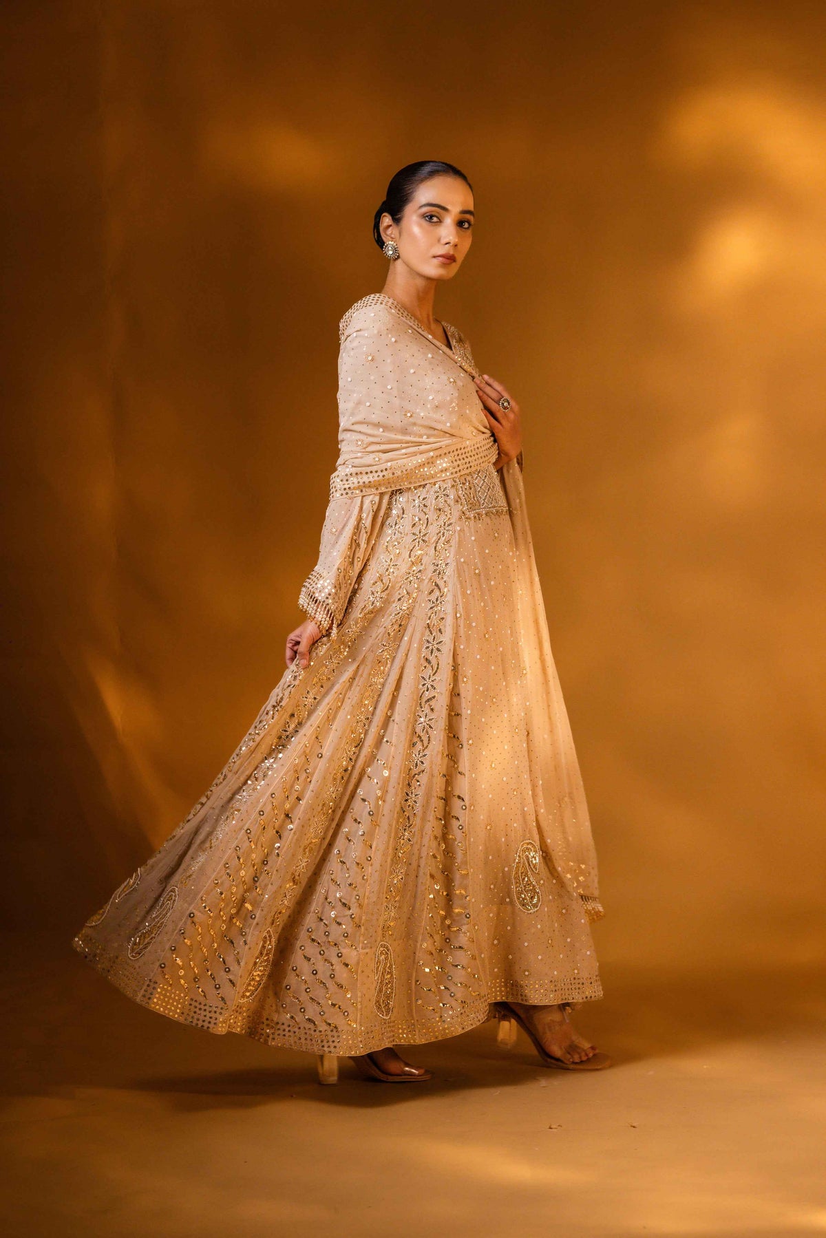 Champagne Beige Mukaish & Zardozi Anarkali Set