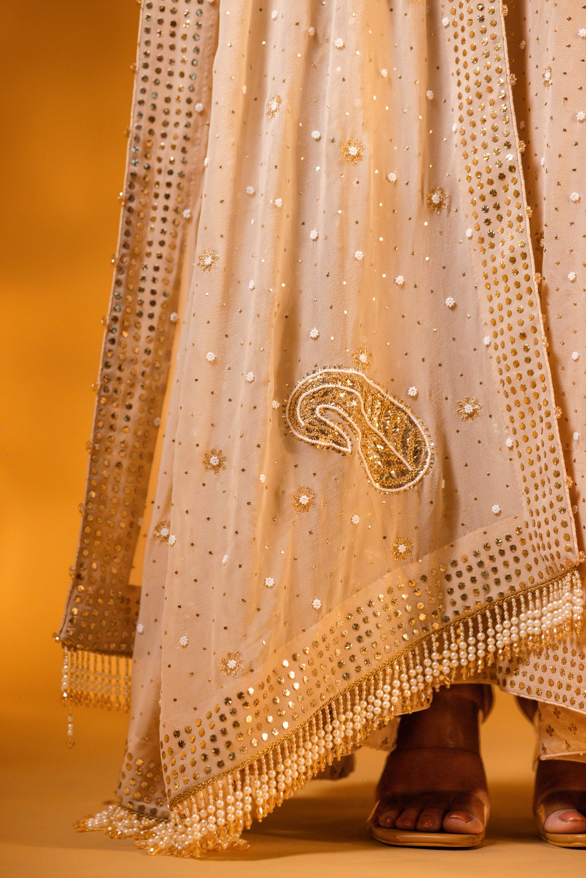 Champagne Beige Mukaish & Zardozi Anarkali Set
