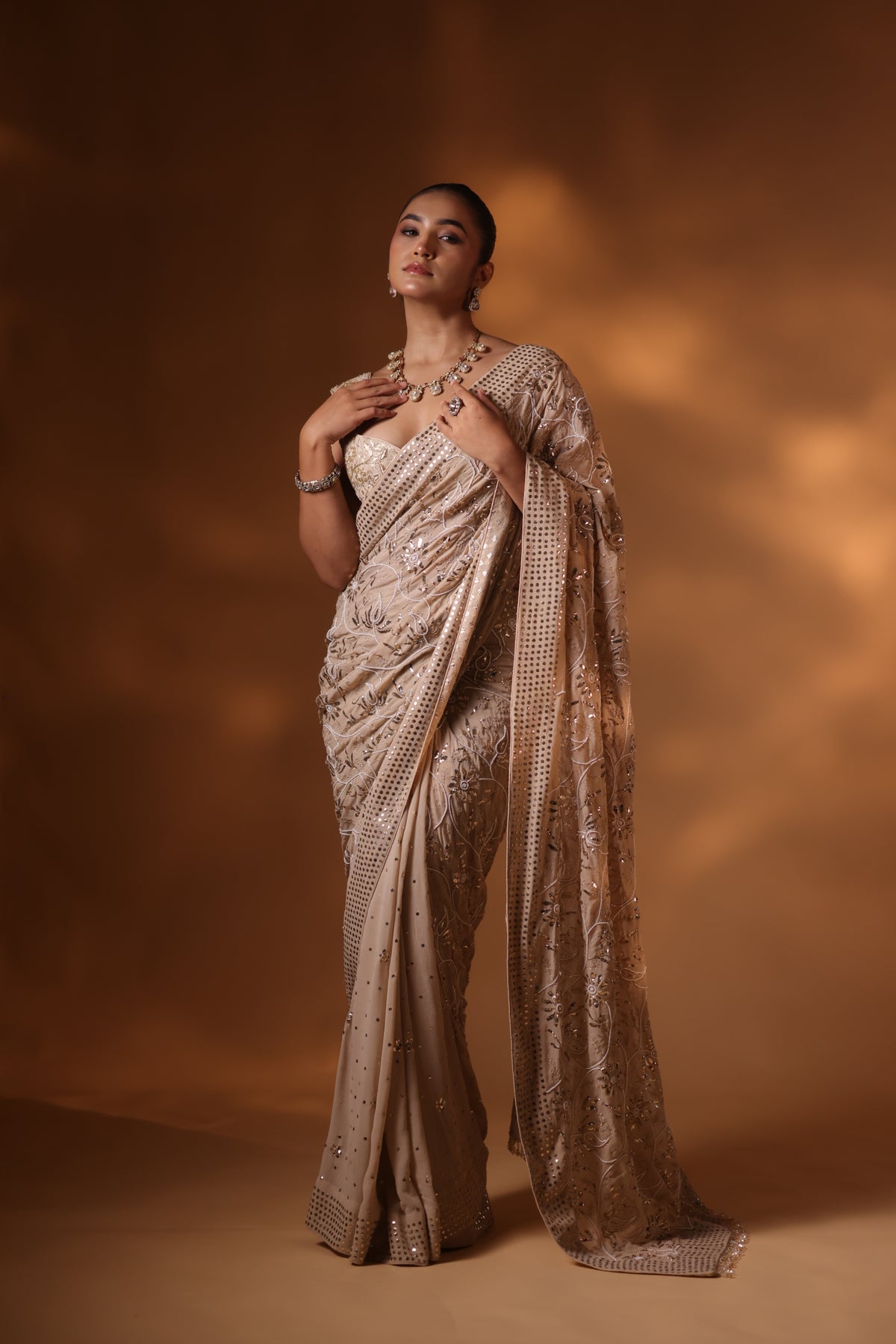 Champagne Beige Mukaish Saree