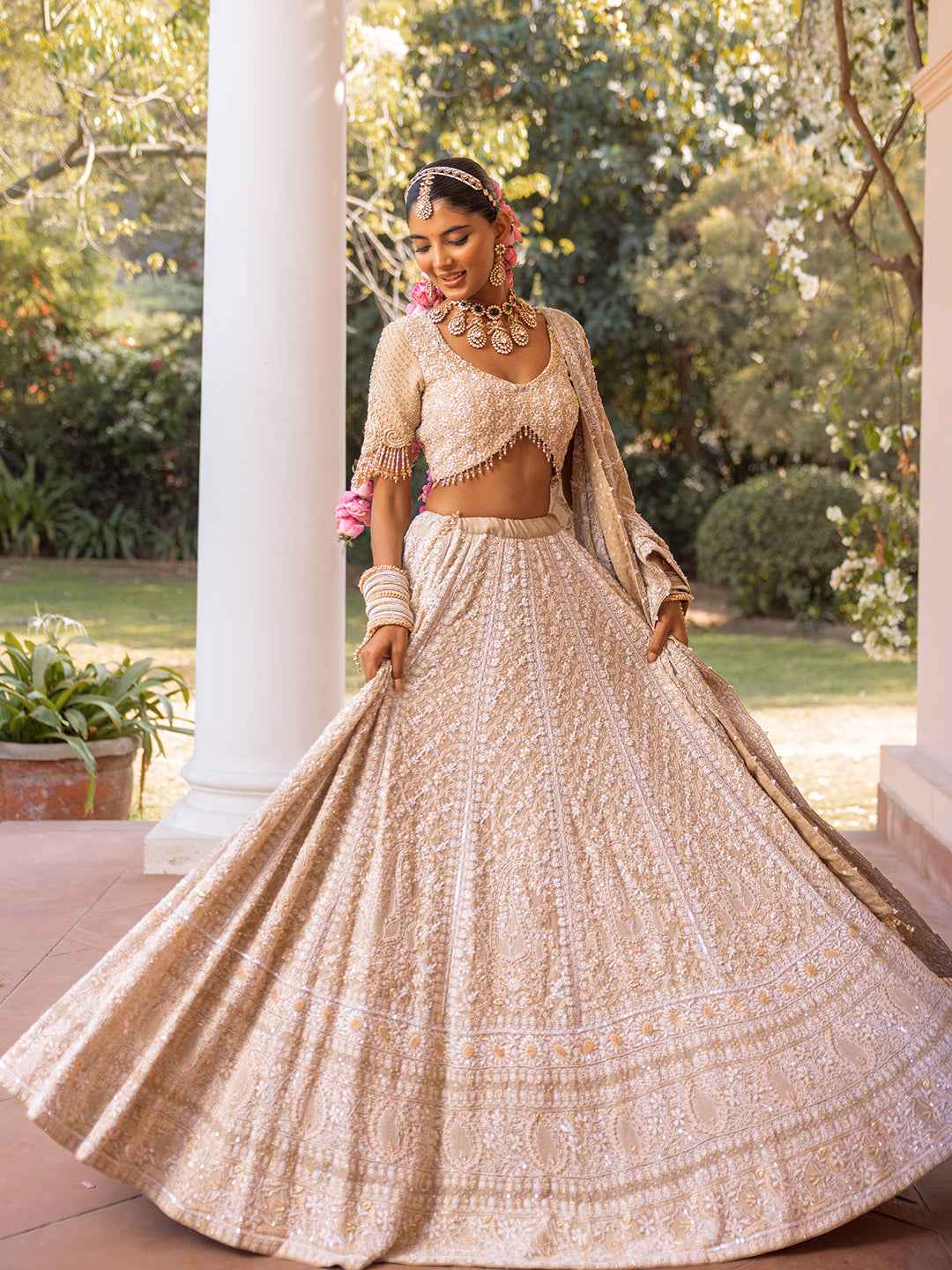 Earthy Green Pure & Premium Georgette Chikankari Lehenga Set