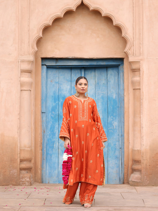 Burnt Orange Chanderi Silk Chikankari Kurta Bottom with Organza Dupatta
