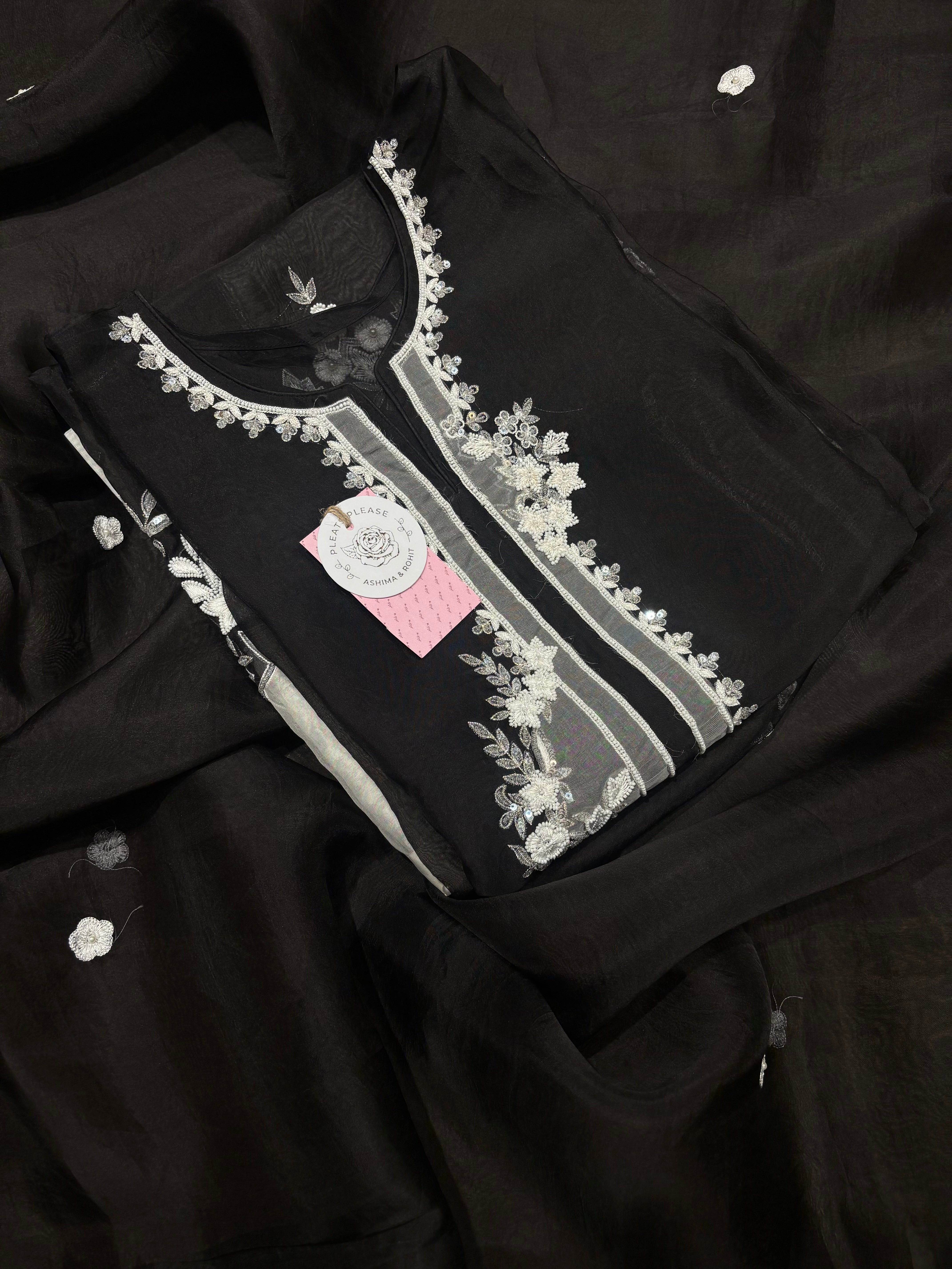 Black & White Pure and Premium Organza Silk Chikankari Kurta and Dupatta Set