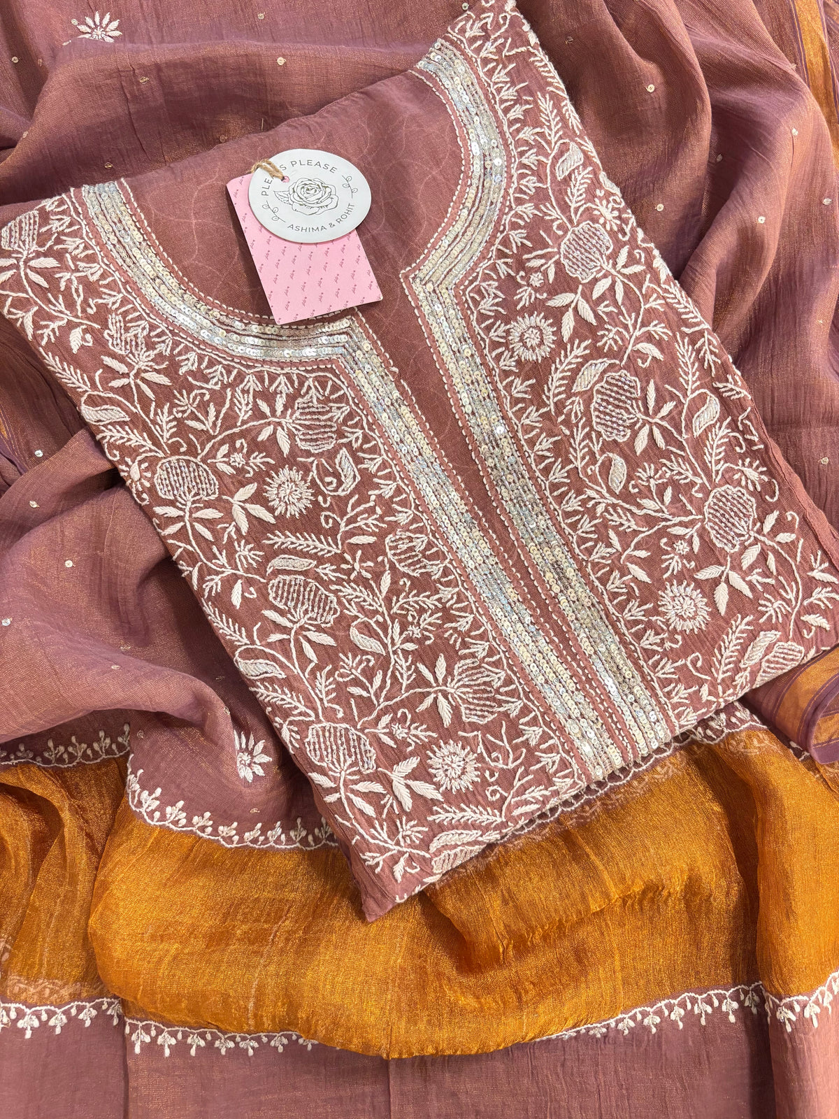 Mauve-Brown Tissue Chikankari Kurta & Dupatta