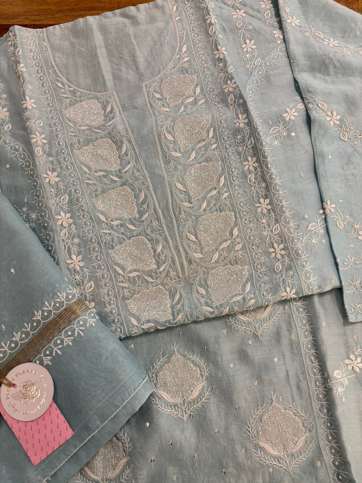 Ice Blue Chanderi Chikankari Kurta & Dupatta