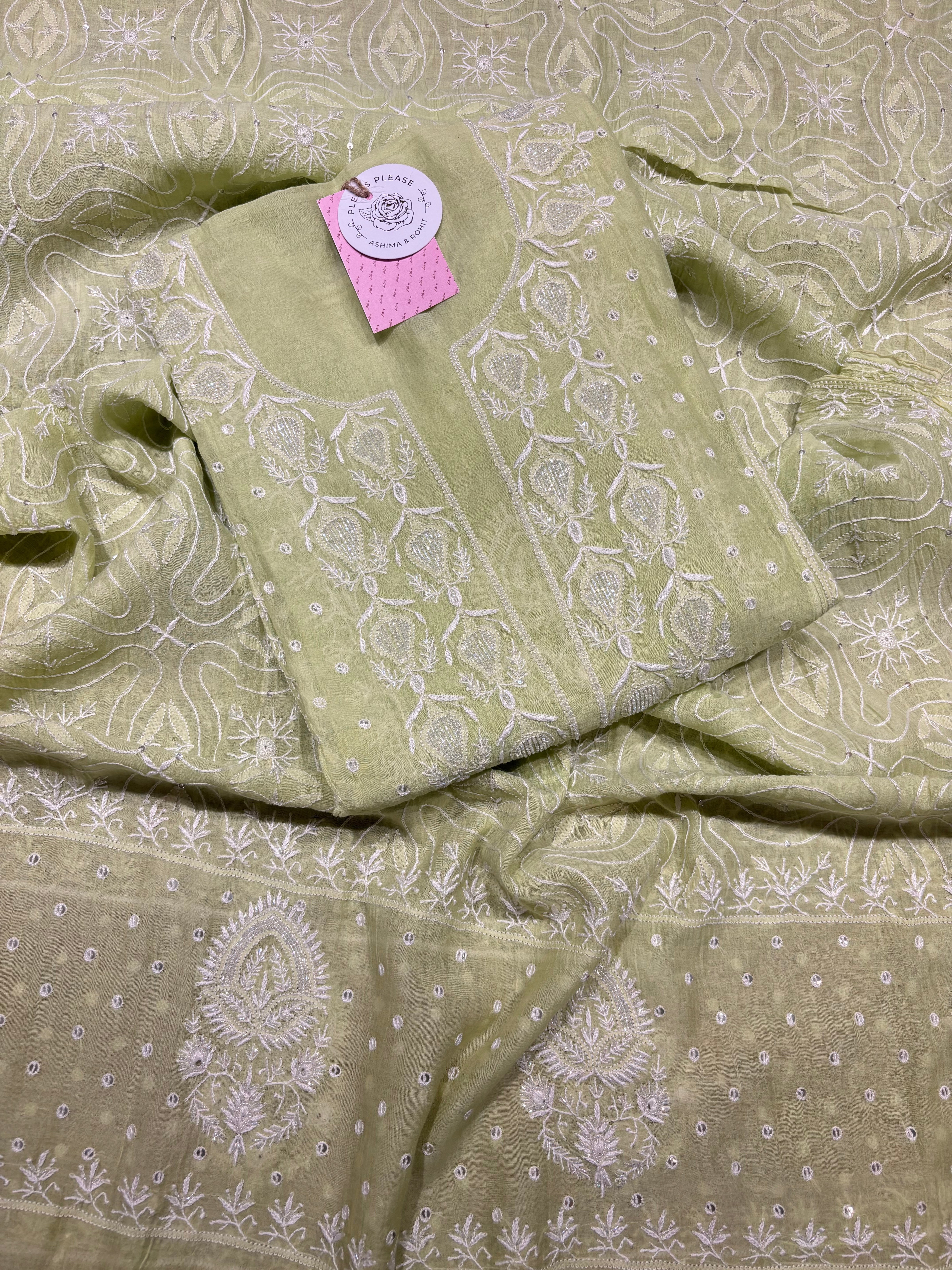 Green Chanderi  mul Chikankari kurta and Dupatta set