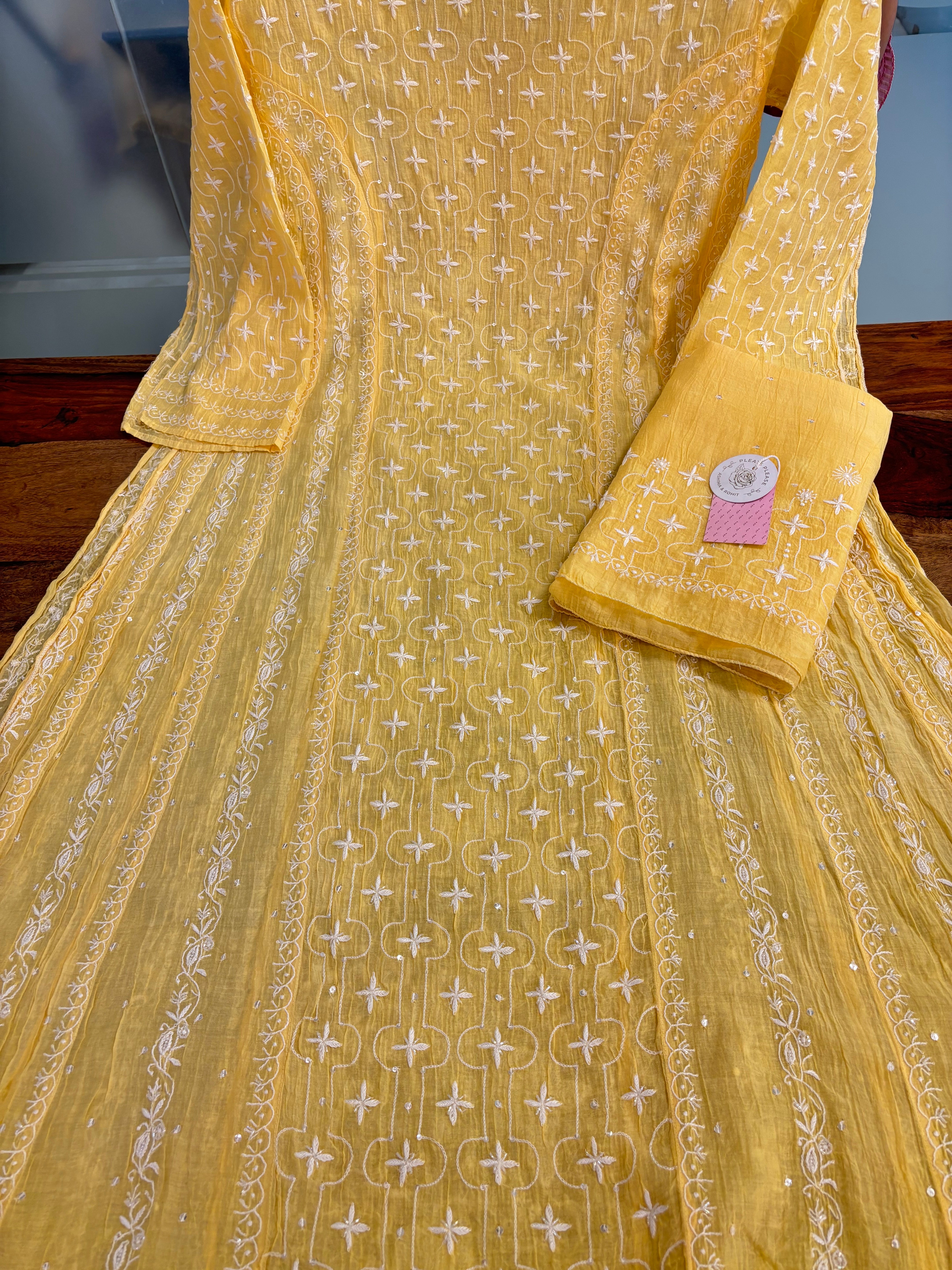 Yellow Chanderi Mul Chikankari Anarkali & Dupatta Set - Pleats PleaseChikankari