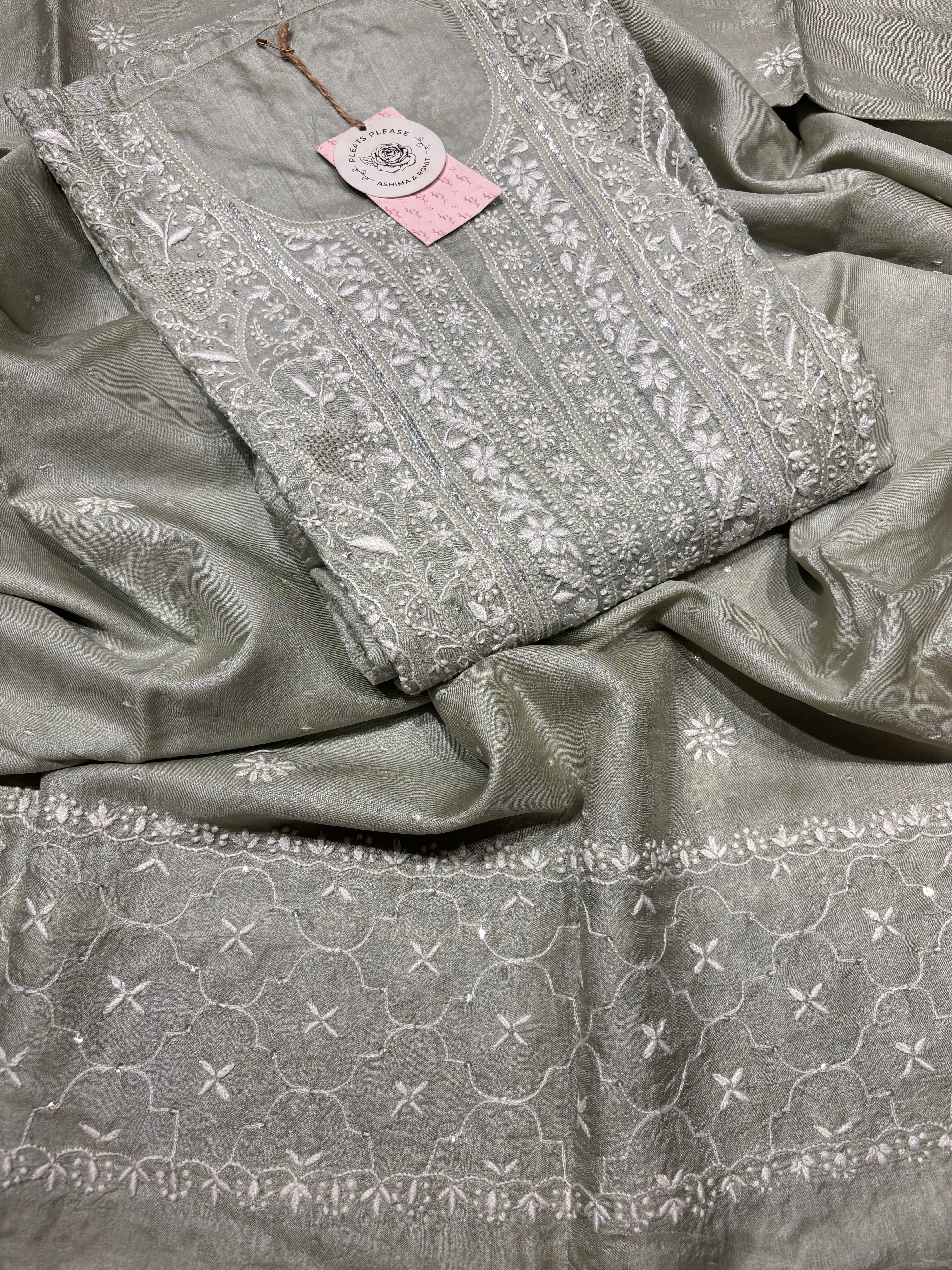 Mint Green Tussar Silk Chikankari Kurta And Dupatta Set