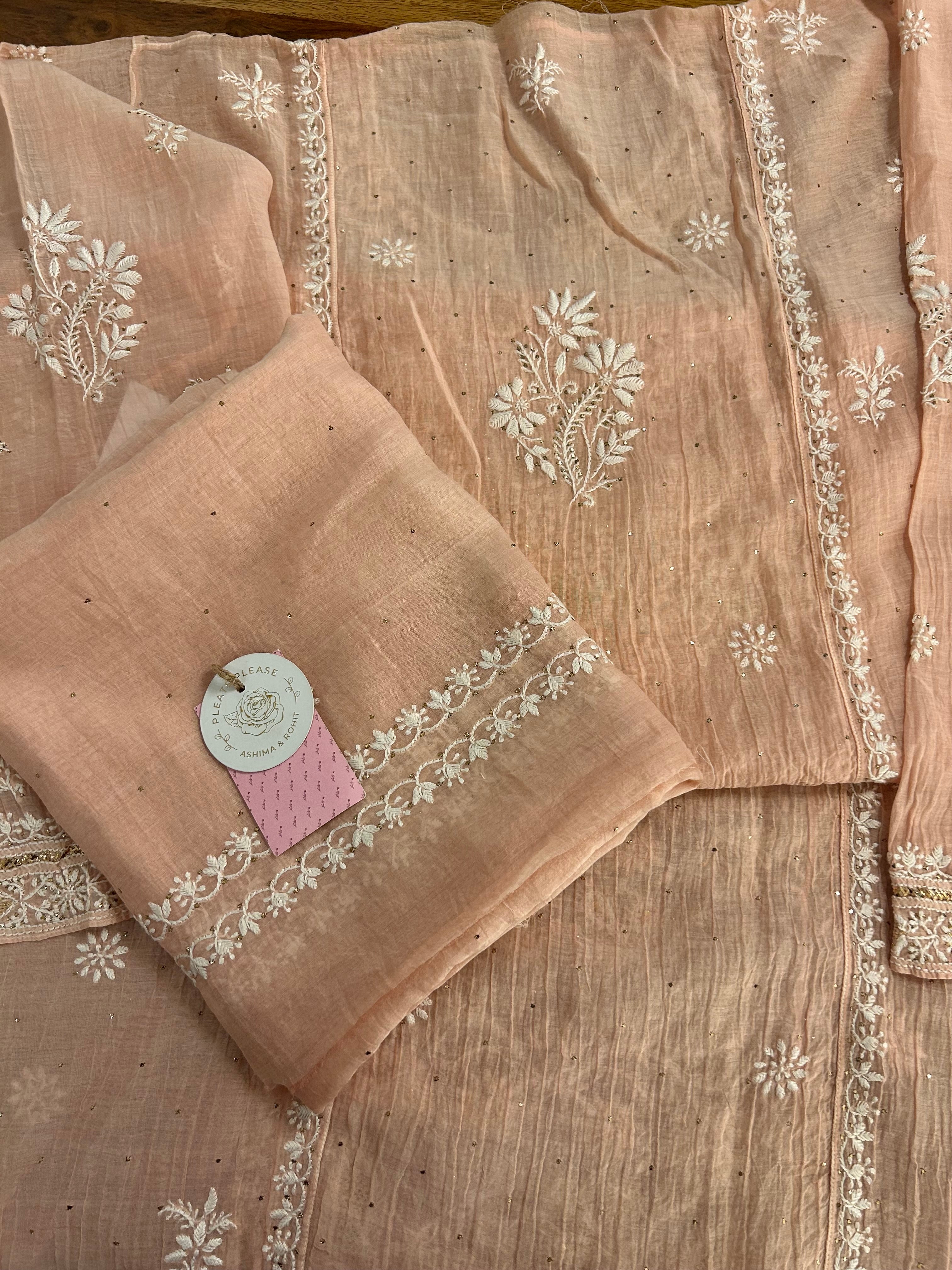 Peach Chanderi Chikankari Mukaish Kurta & Dupatta