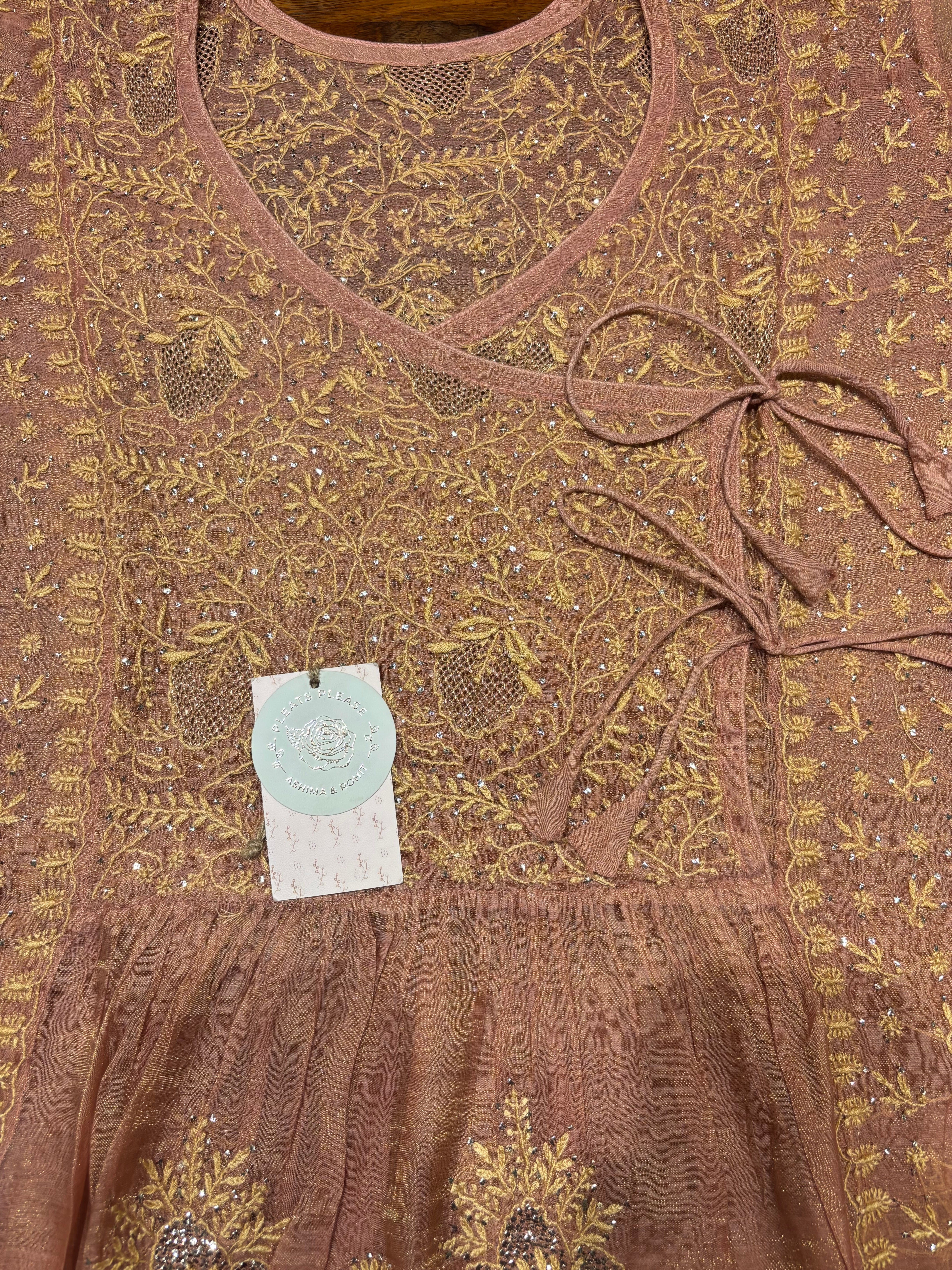 Rose Gold pure & Premium Tissue Chikankari & Mukaish Angrakha Kurta and Dupatta Set