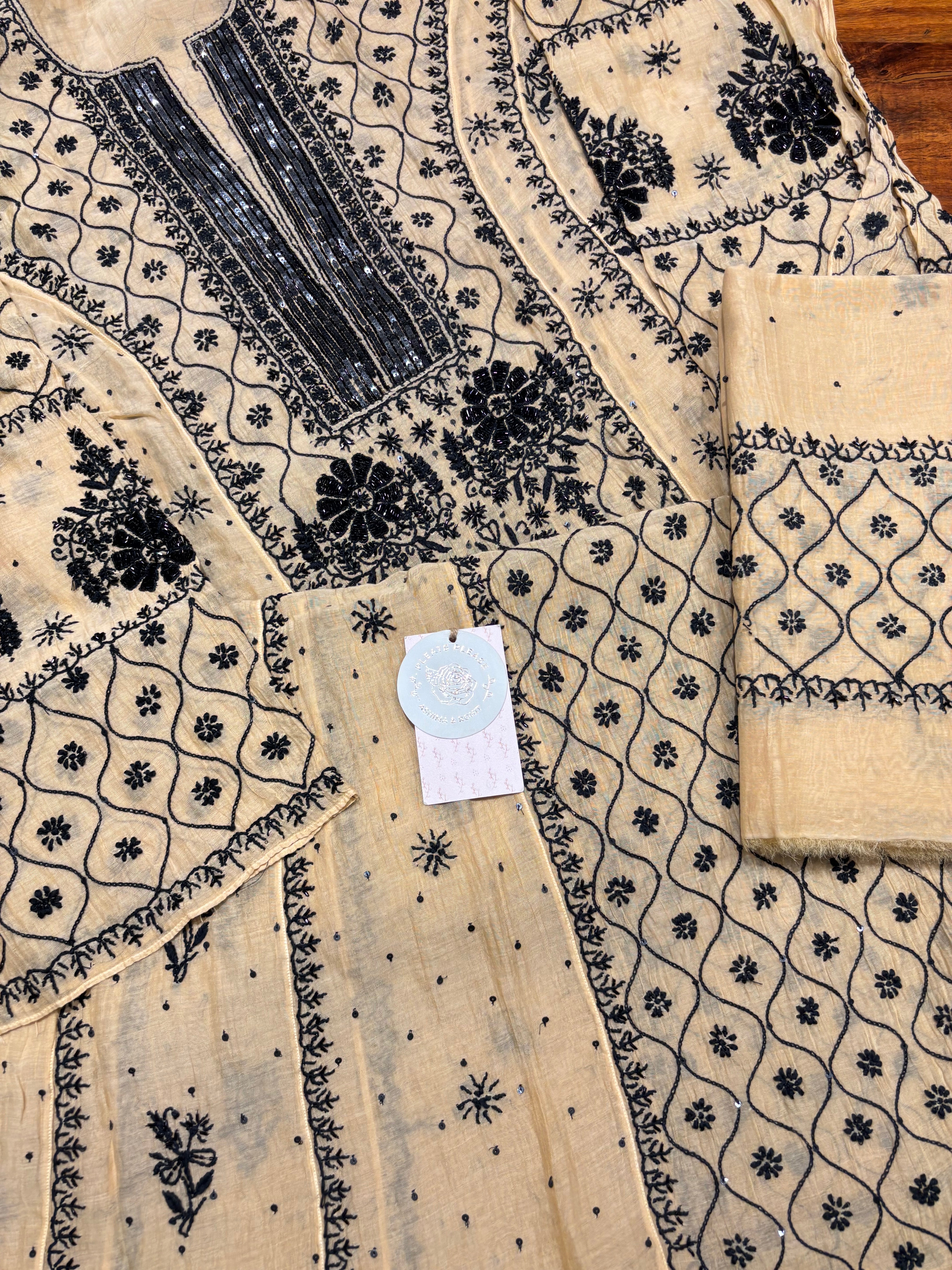 Golden Chanderi Mul Chikankari Anarkali and Dupatta Set