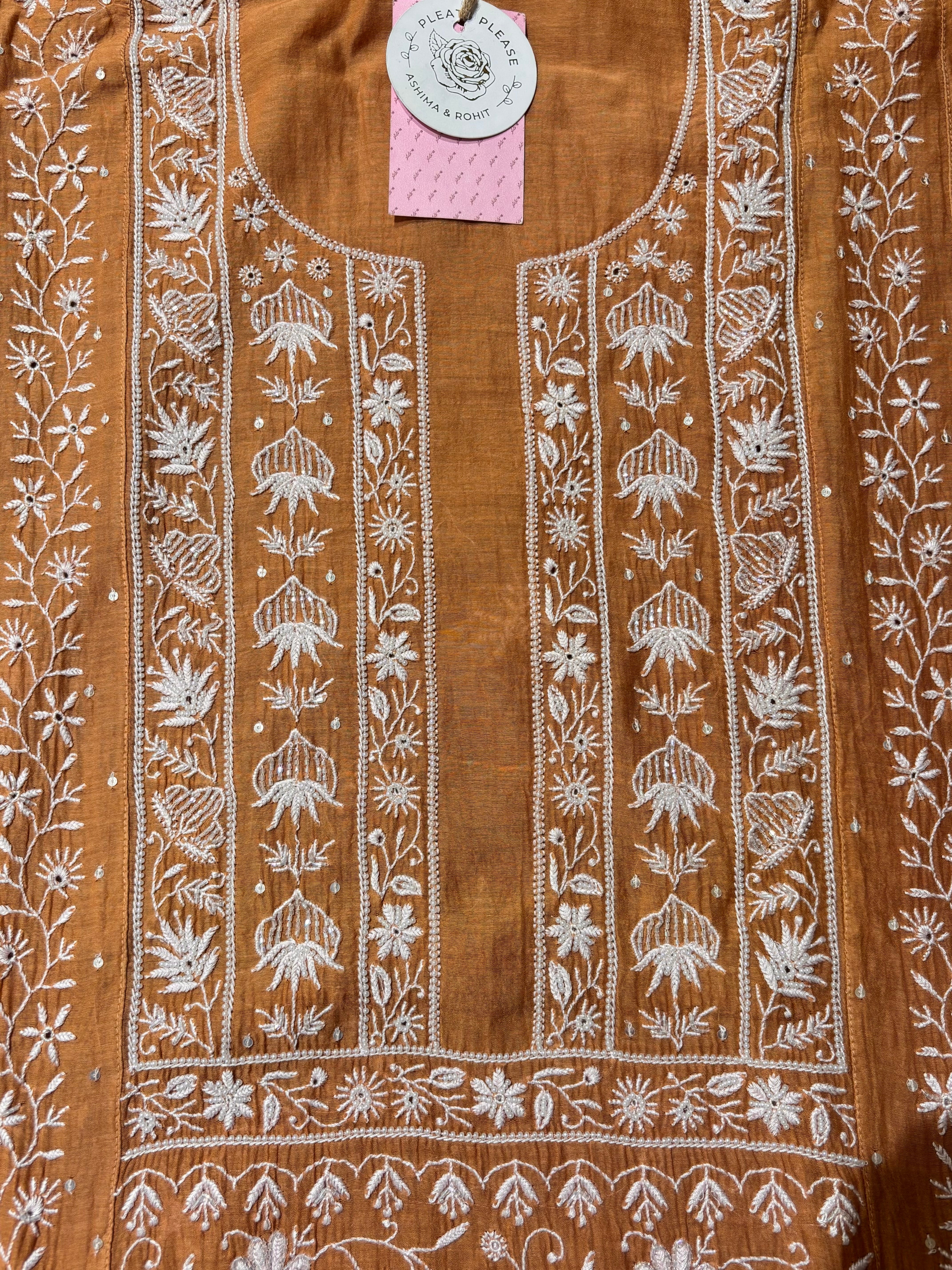 Caramel Brown Chanderi Mul Chikankari A-Line Kurta & Dupatta