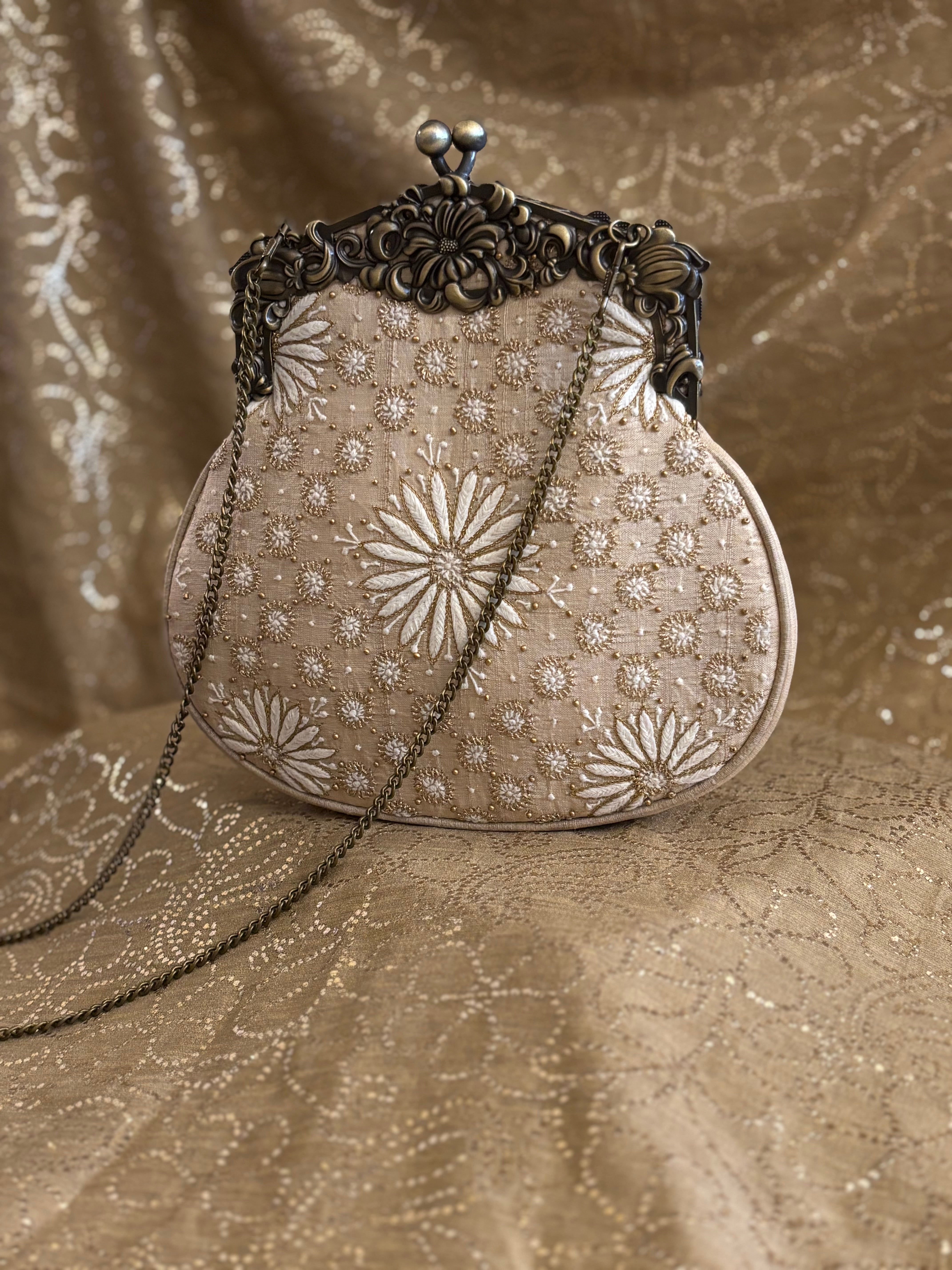 Beige Chikankari Clutch Bag