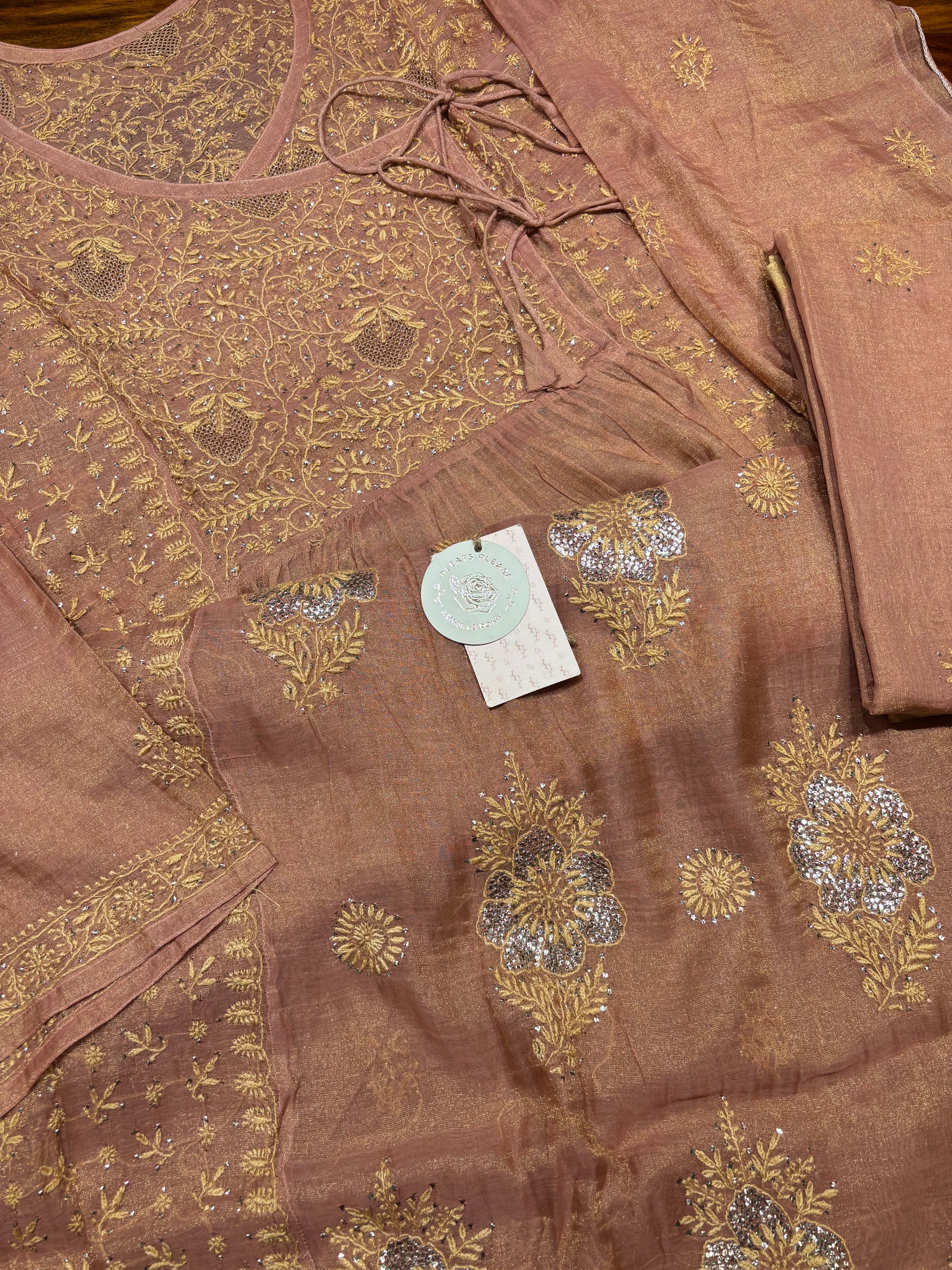 Rose Gold pure & Premium Tissue Chikankari & Mukaish Angrakha Kurta and Dupatta Set
