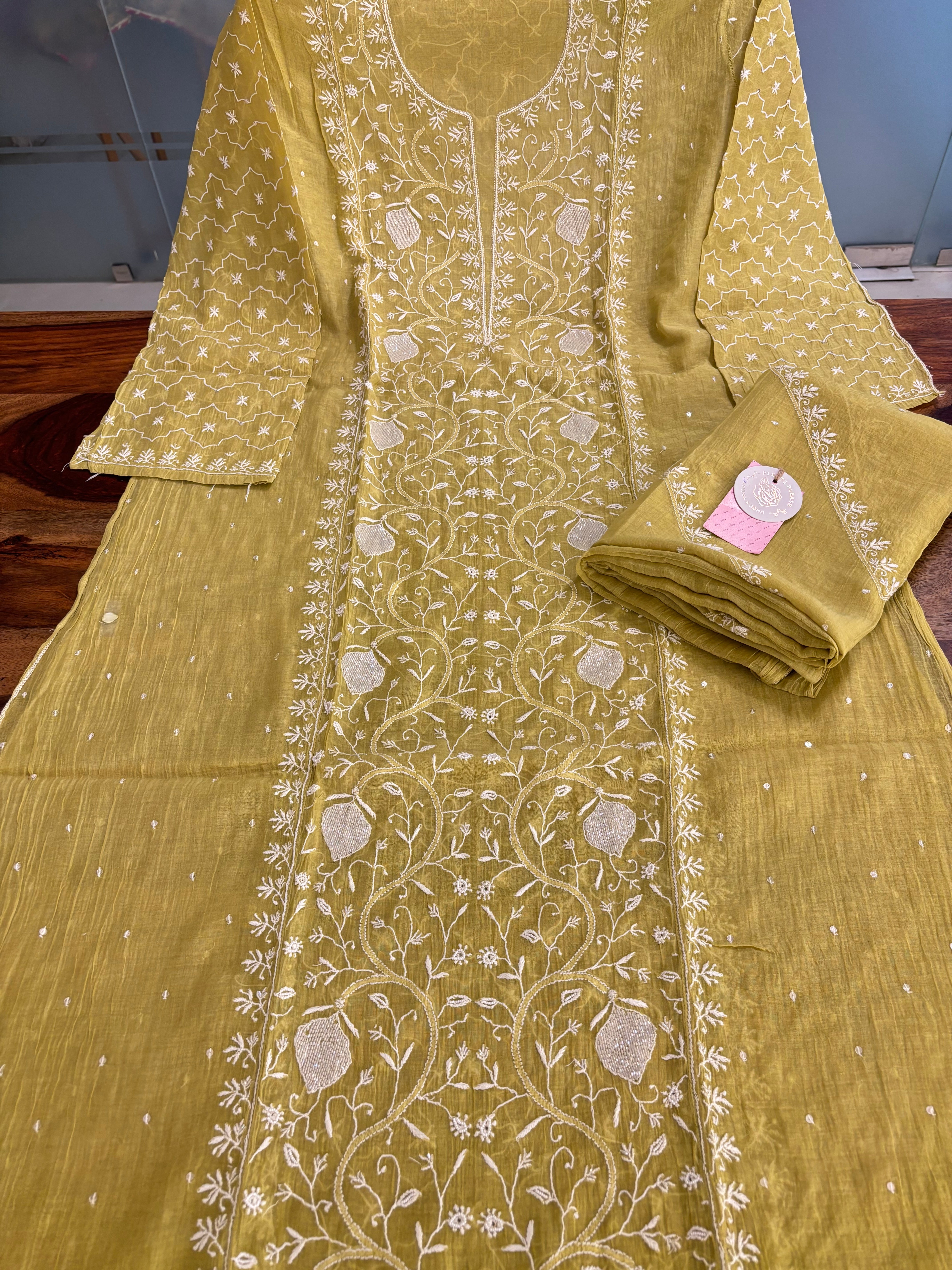 Mustard Yellow Chanderi Chikankari Kurta & Dupatta