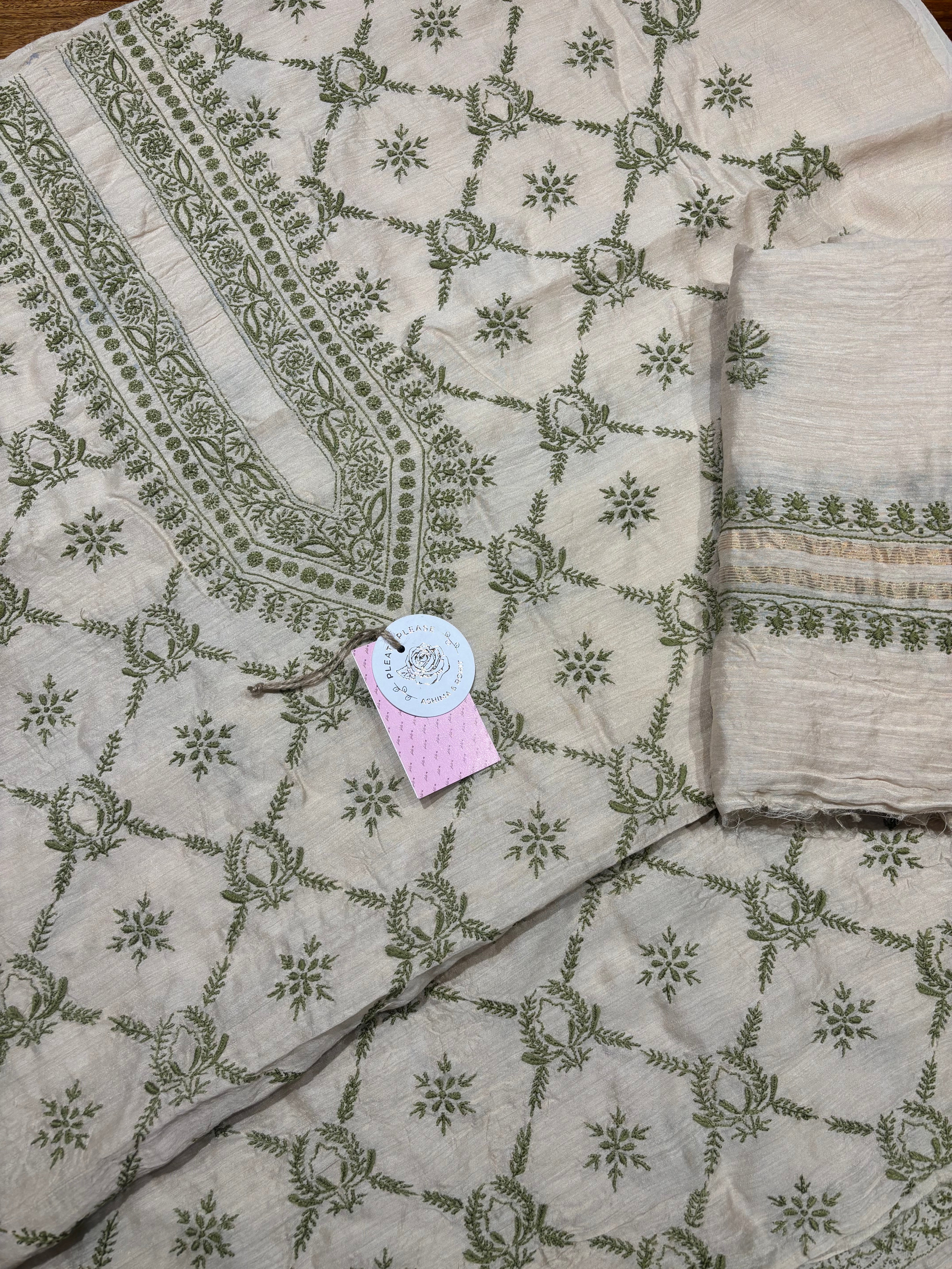 Dyeable Monga Silk Chikankari Kurta and Dupatta Fabric