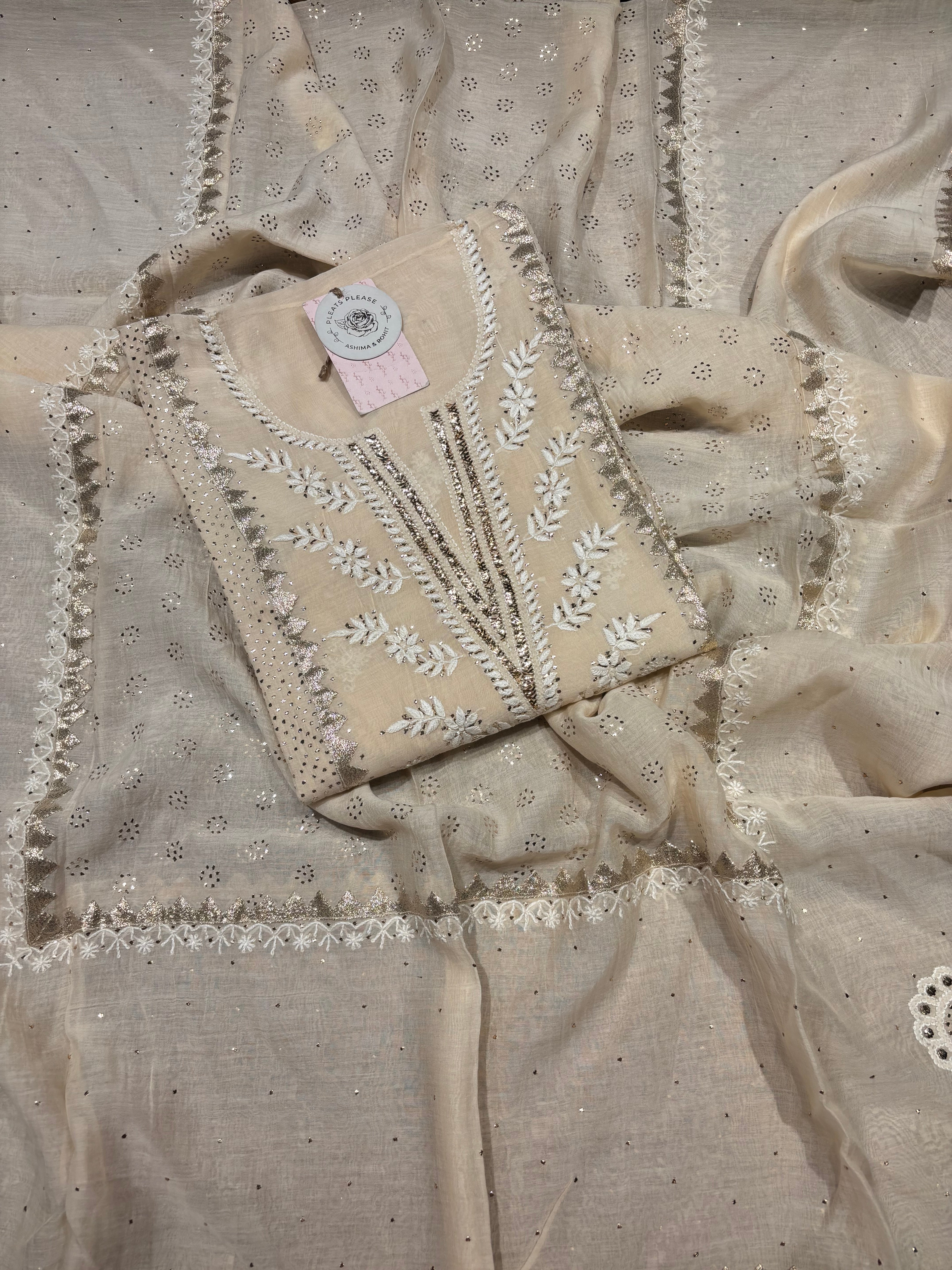 Off White Chanderi Mul Chikankari & Mukaish Kurta & Dupatta Set