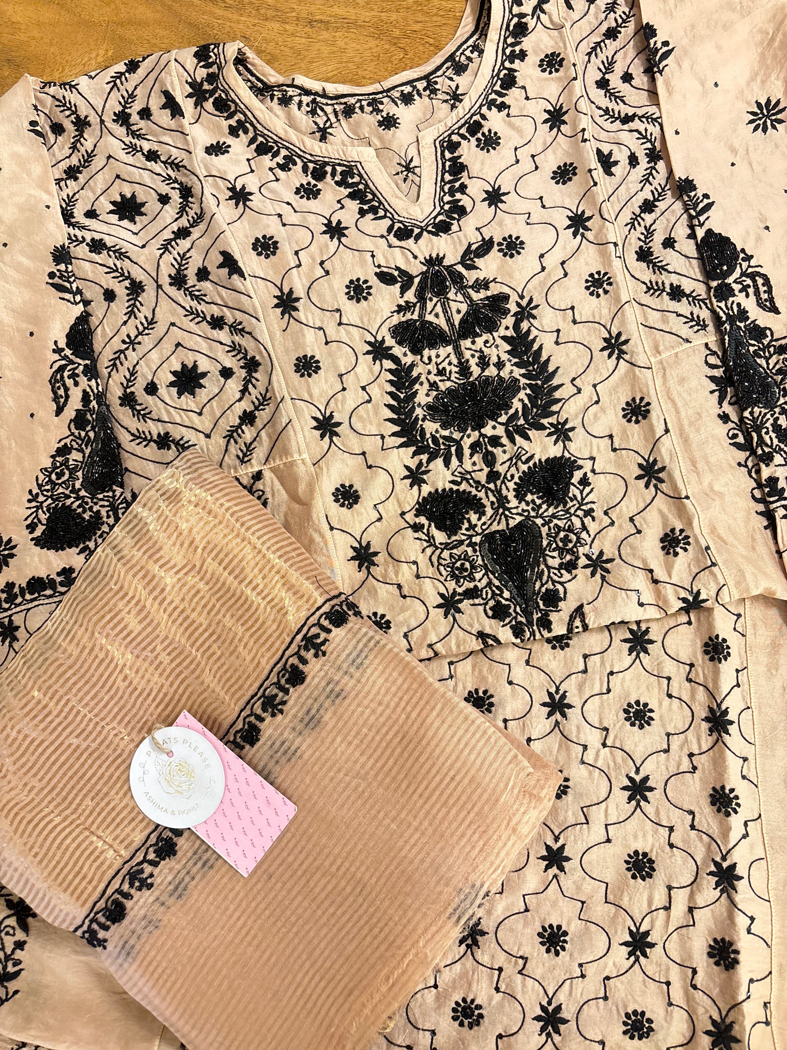 Blush Cream Chanderi Chikankari Anarkali & Dupatta Set
