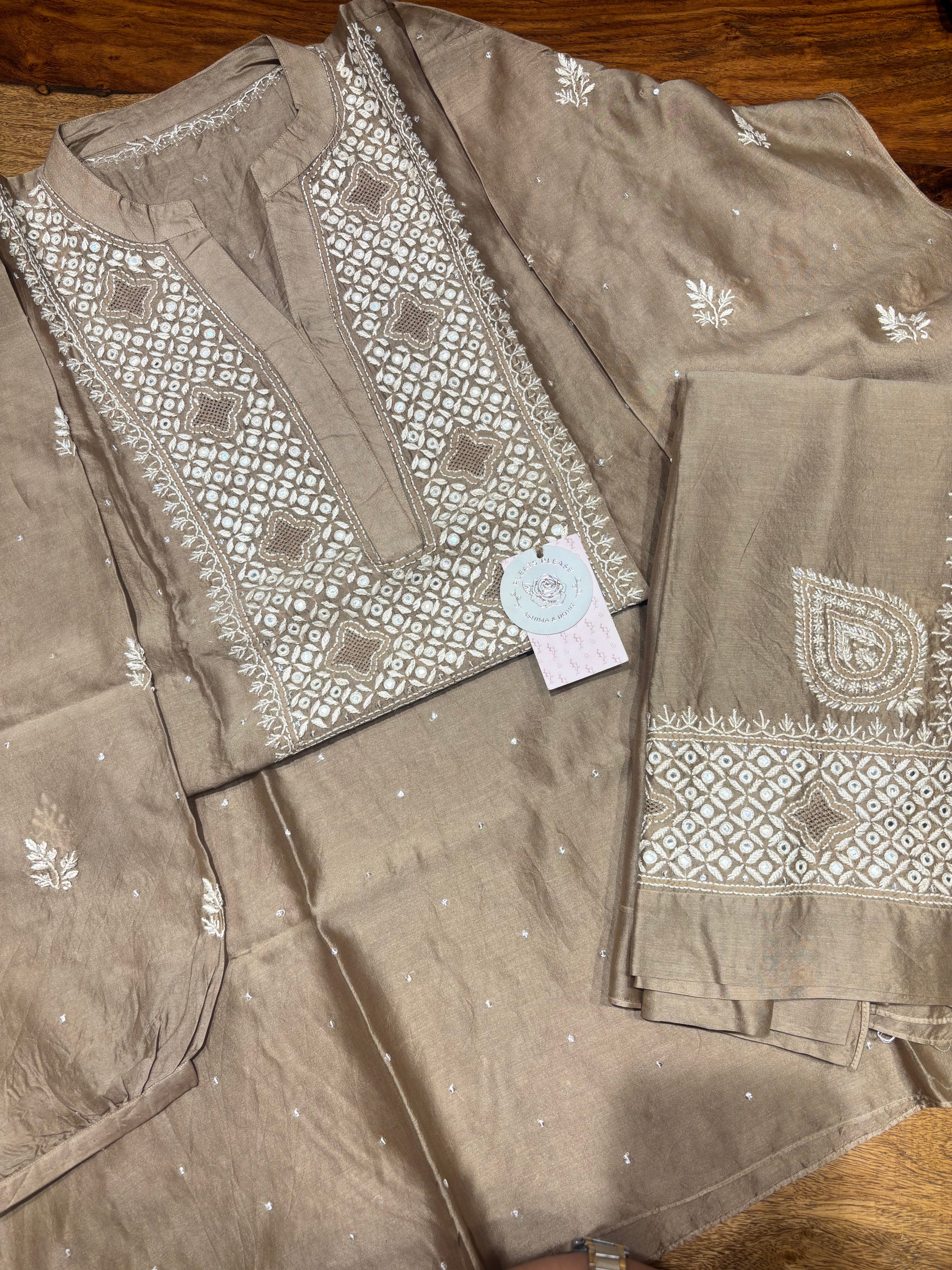 Hazelnut Brown Chanderi Silk  Chikankari Co-ord Set
