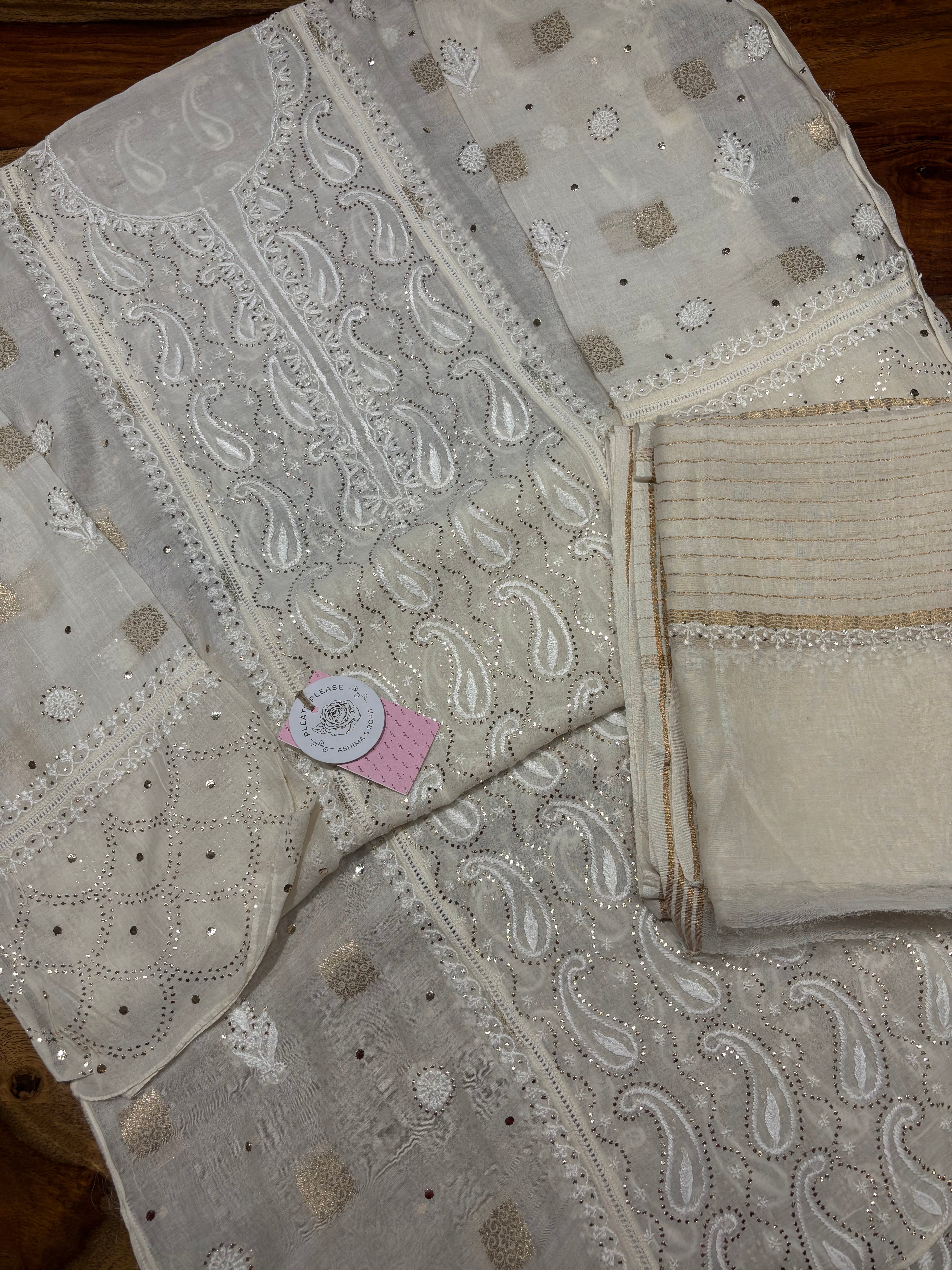 Dyeable Chanderi Mul Chikankari & Mukaish Kurta & Dupatta Set