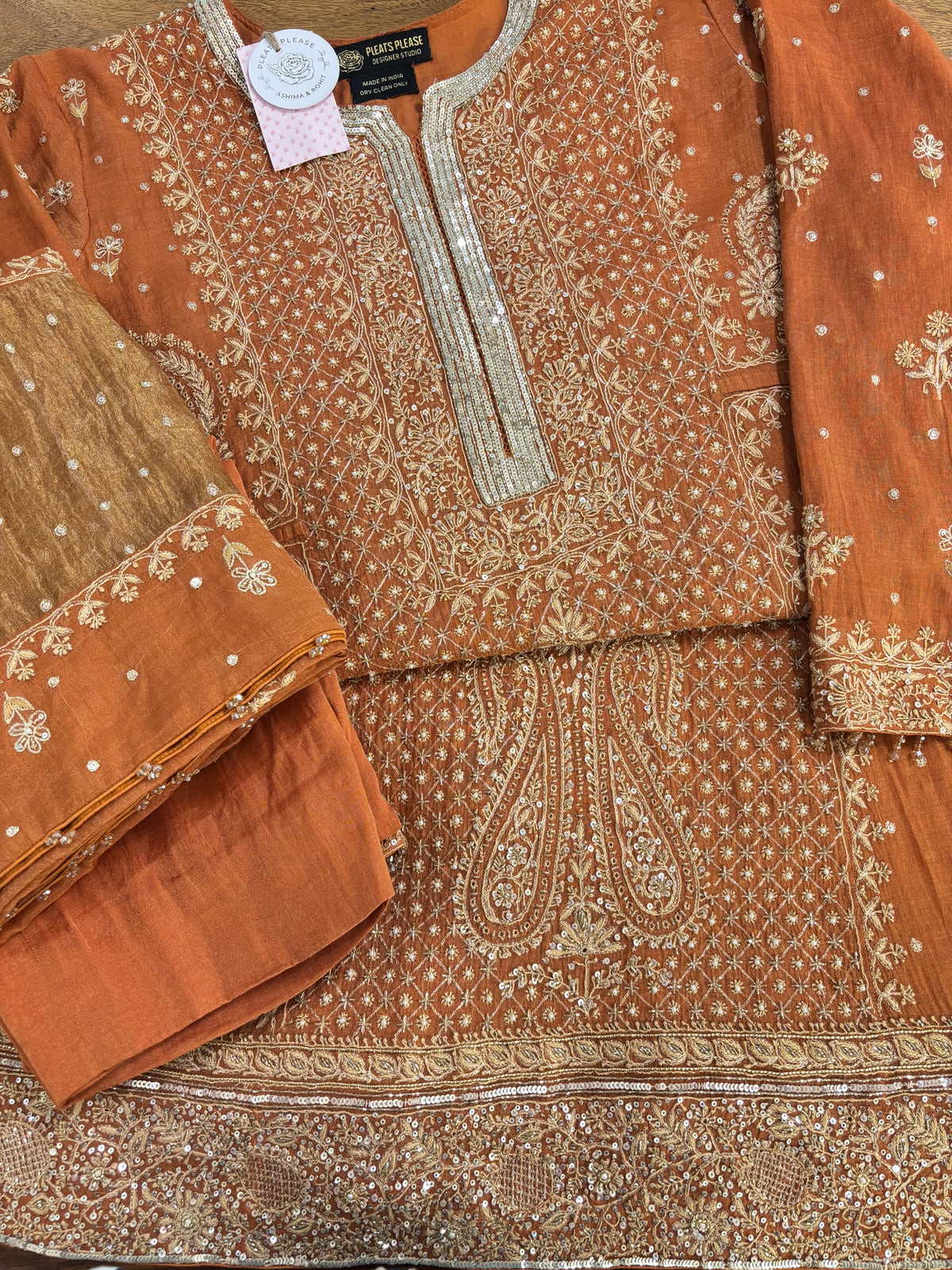 Burnt Orange Pure & Premium Tissue Chikankari Anarkali And Dupatta With Bottom