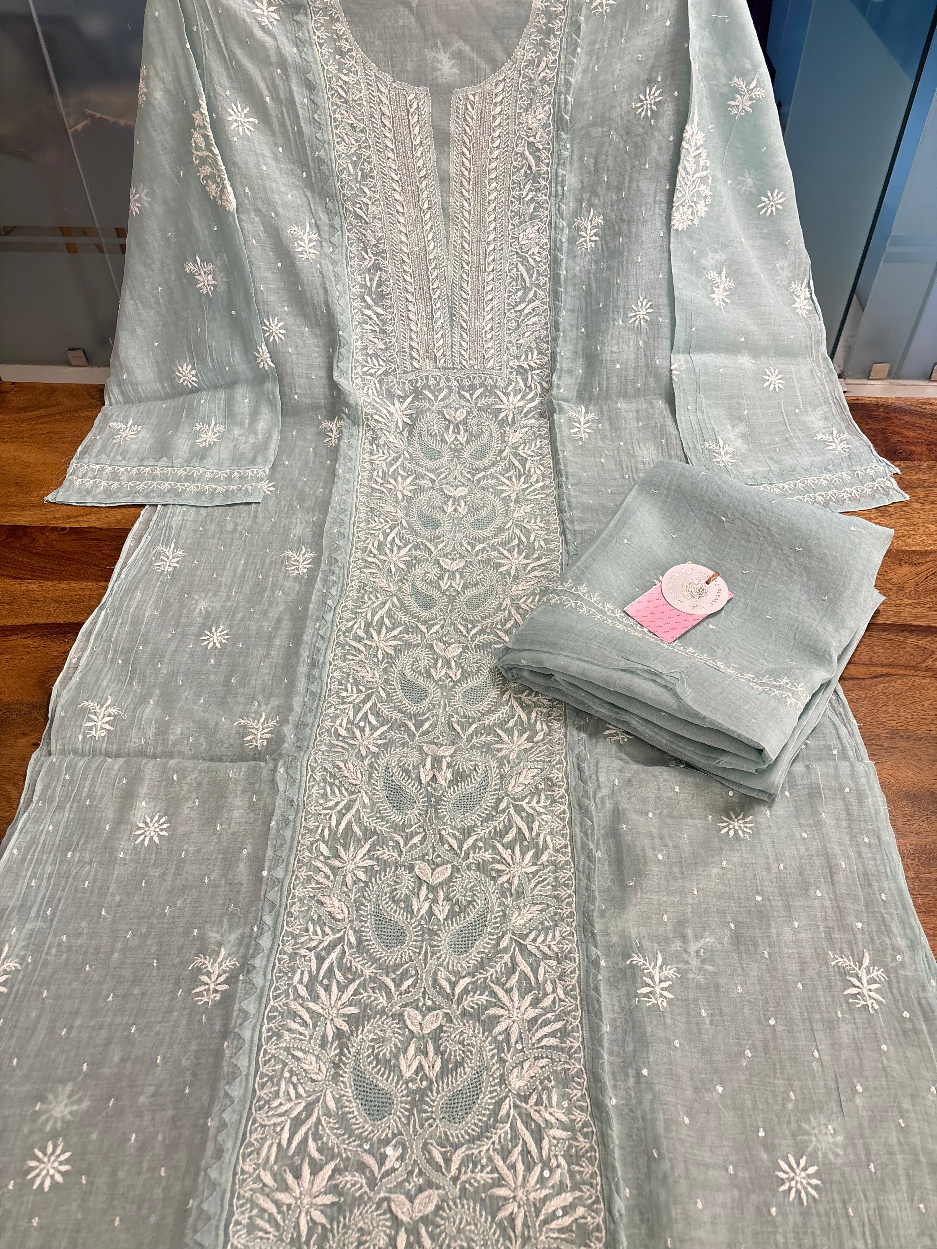 Ice Blue Chanderi Chikankari Kurta & Dupatta