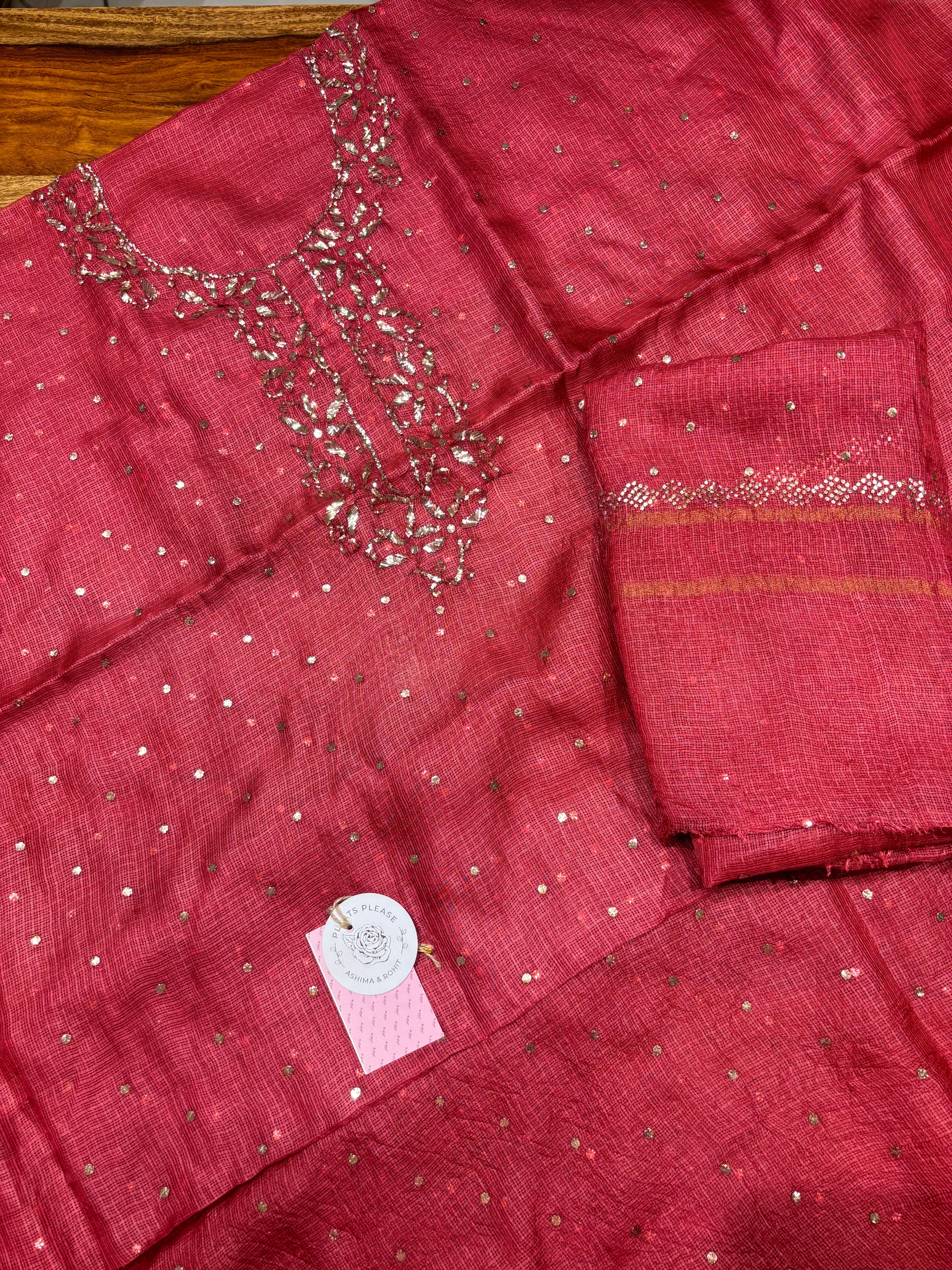 Maroon Kota Silk Mukaish Kurta & Dupatta Fabric
