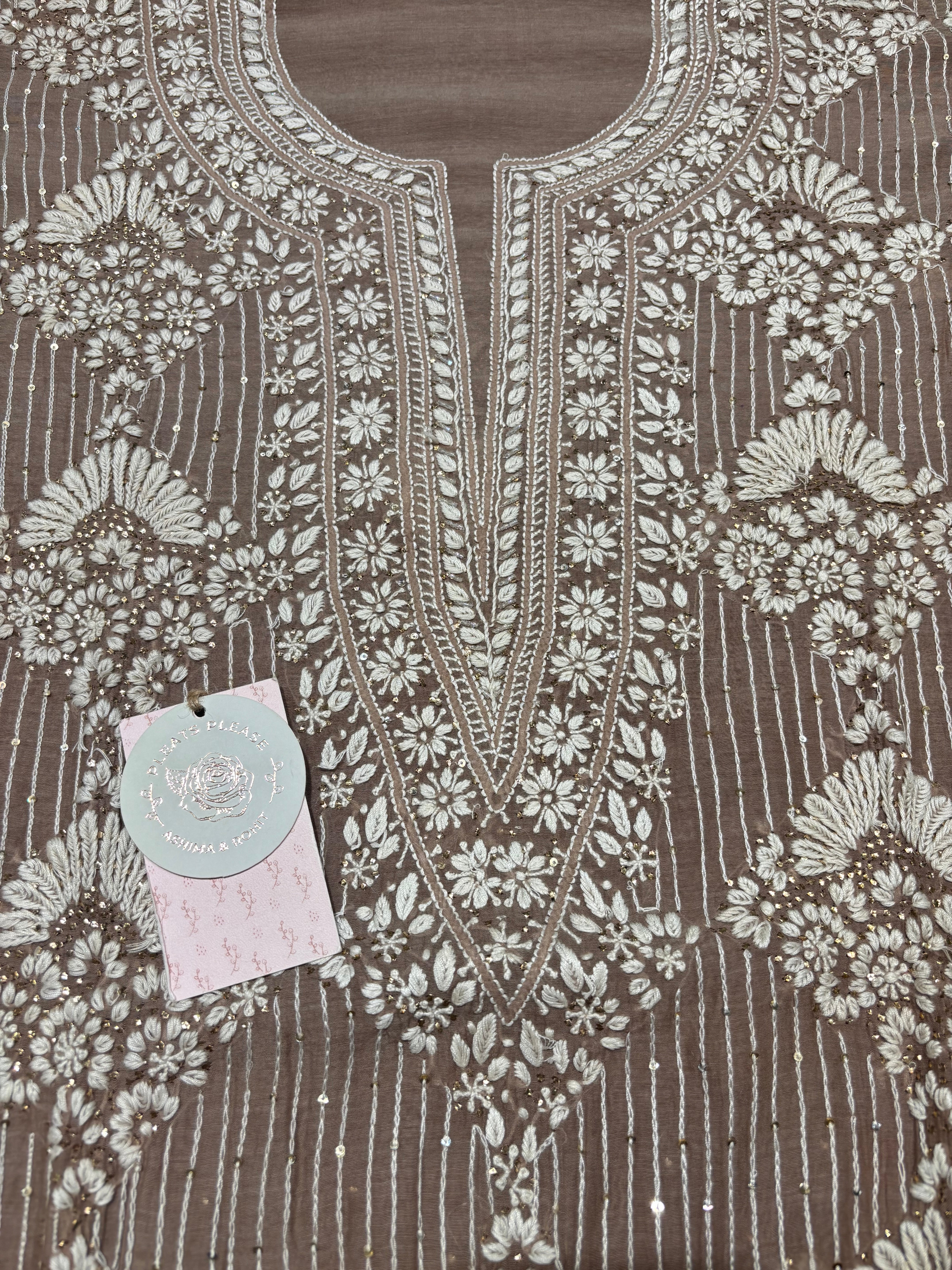 Brown Chanderi Mul Chikankari & Mukaish Kurta and Heavy Dupatta Set