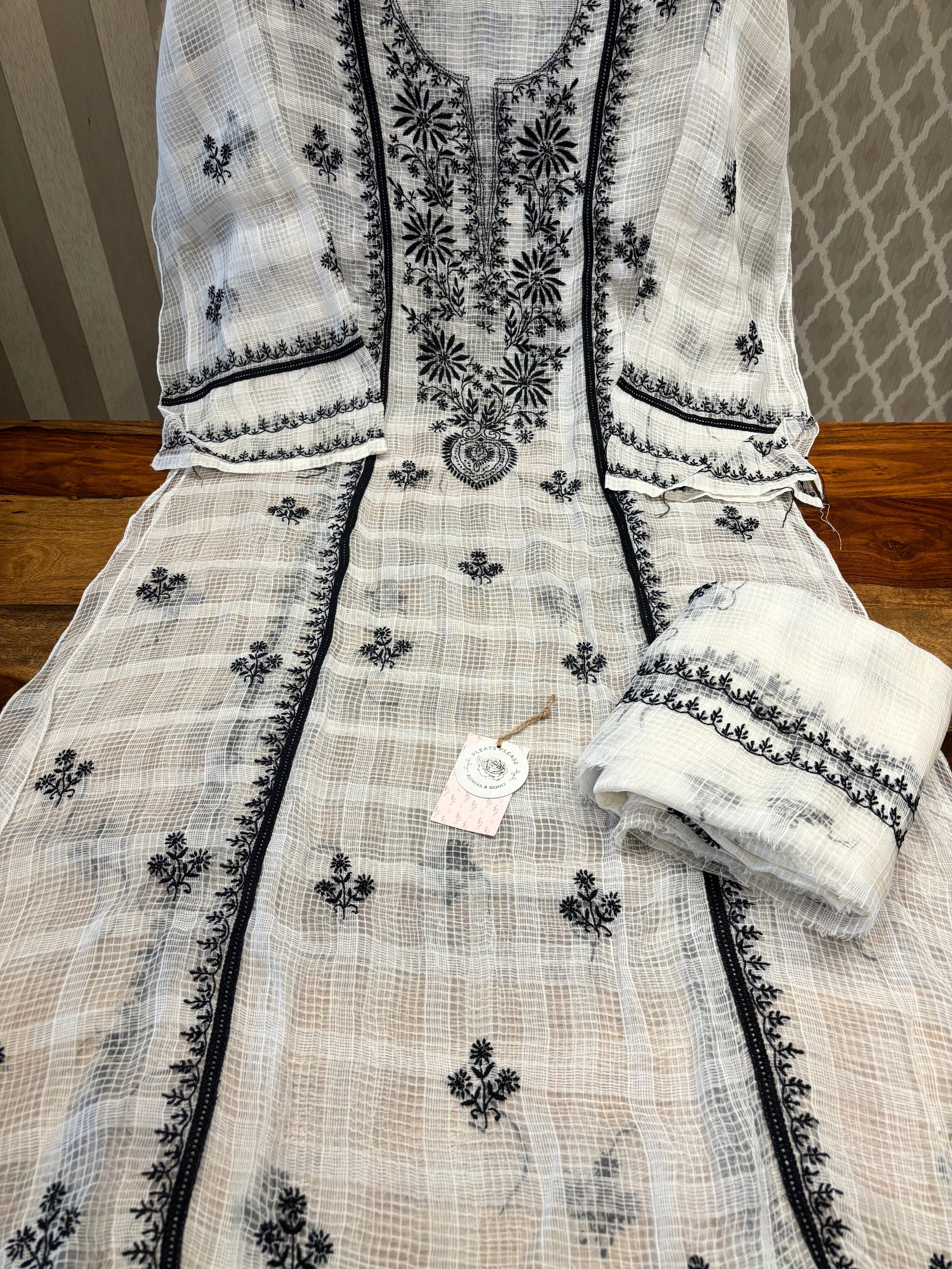 White And Black Kota Doria Chikankari Kurta And Dupatta Set