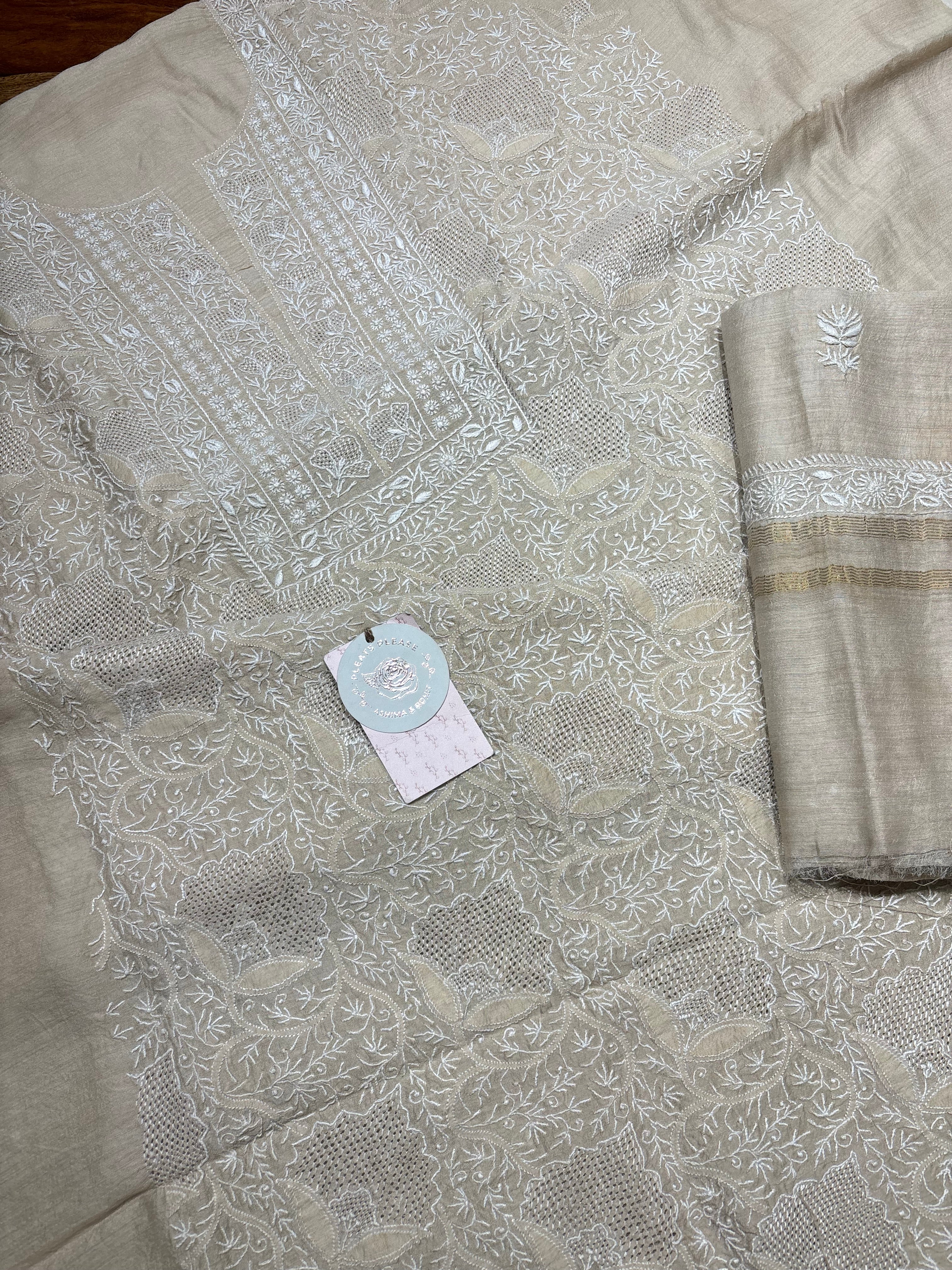Dyeable Monga Silk Chikankari Kurta and Dupatta Set