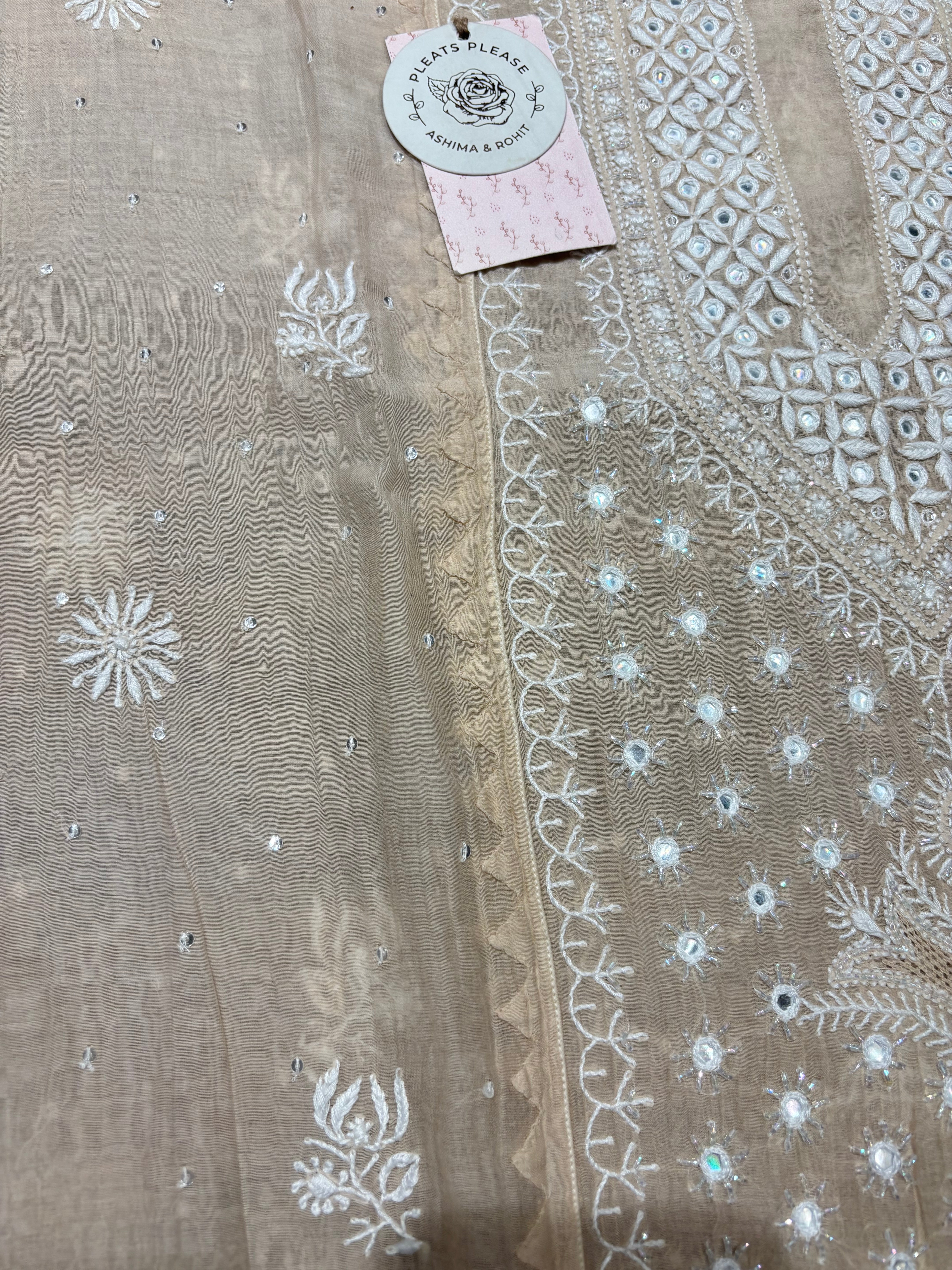 Coffee Cream Chanderi Mul  Chikankari Kurta and Dupatta Set